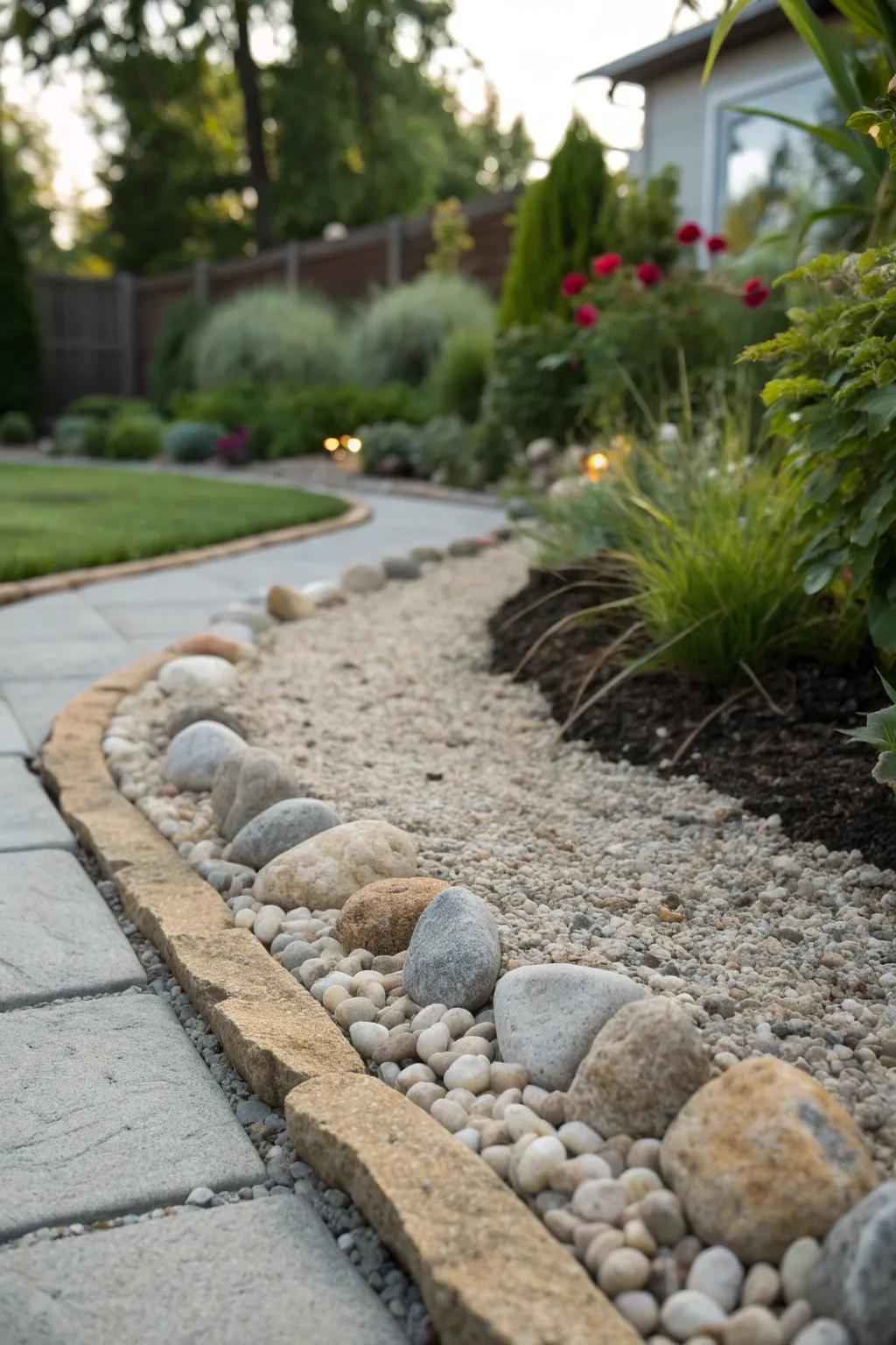 Harmonious stone and gravel combination edging.