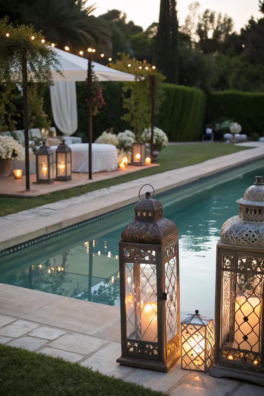 Lanterns add a touch of elegance and charm to poolside seating.