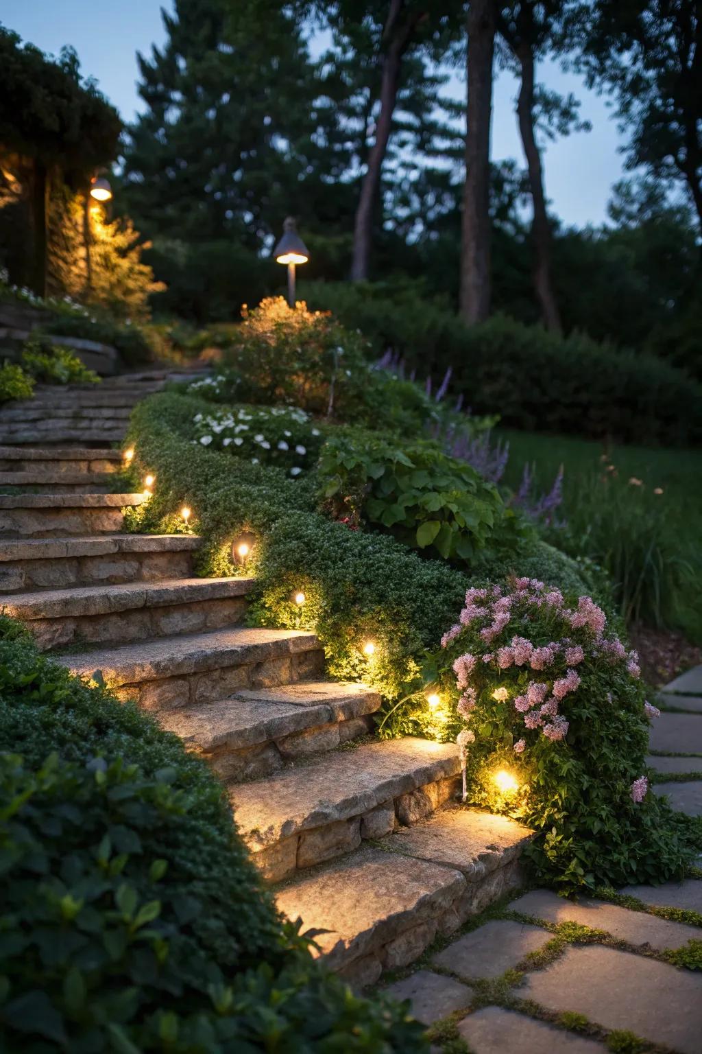 Soft lighting enhances the beauty of evening garden steps.