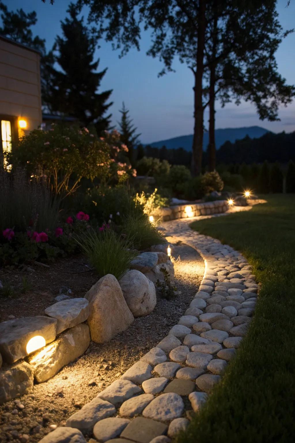 Lighting in stone edging brings gardens to life at night.