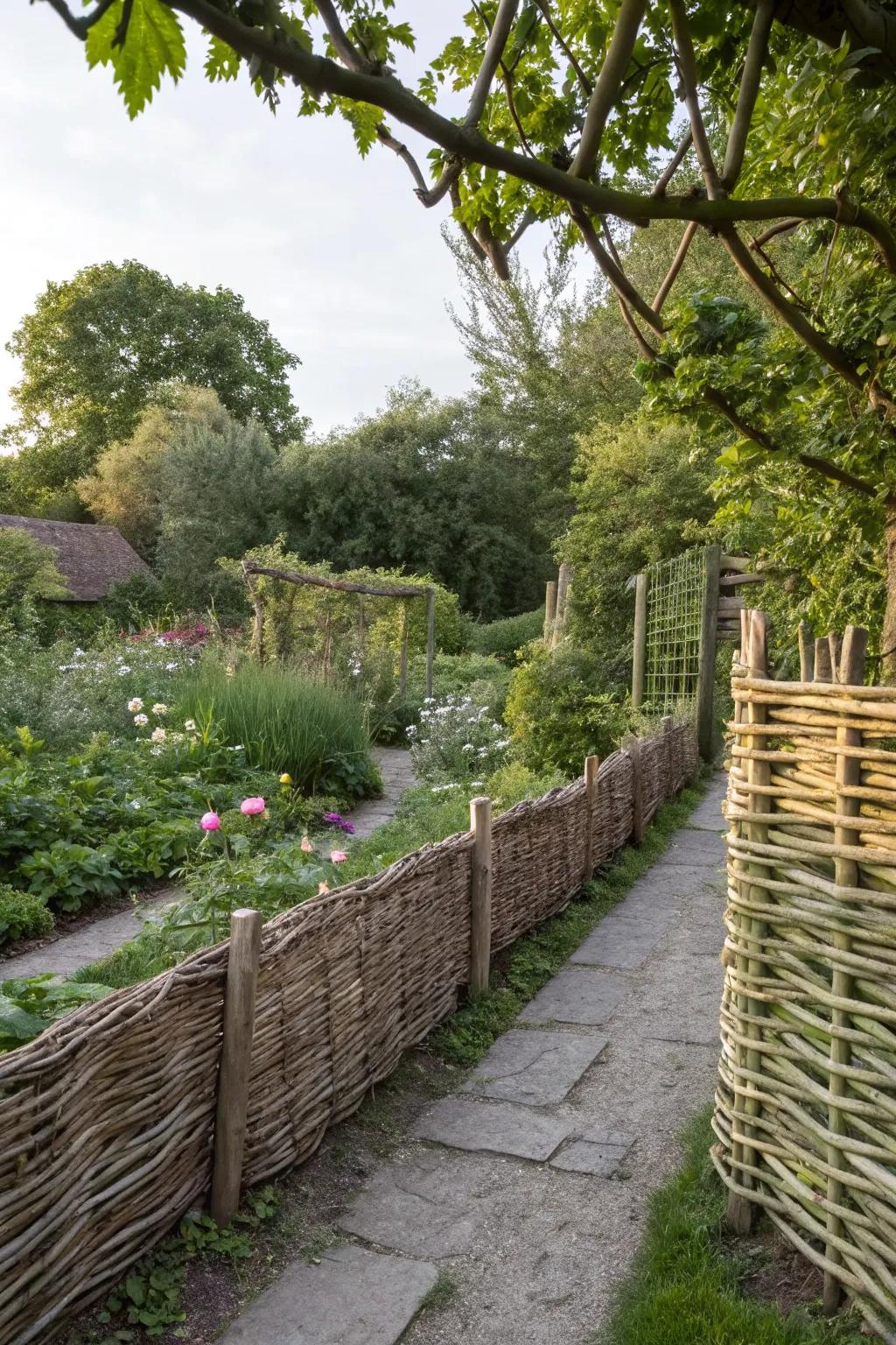 Woven wattle fencing adds a traditional touch to garden edges.