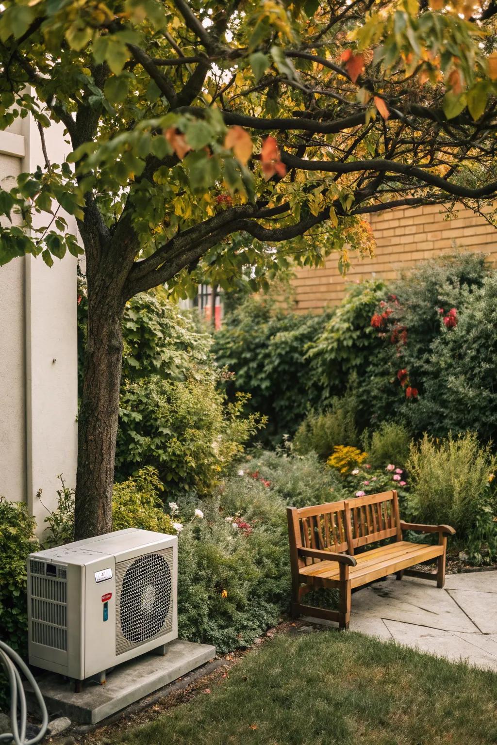 A cozy bench creating a relaxing corner beside an AC unit.