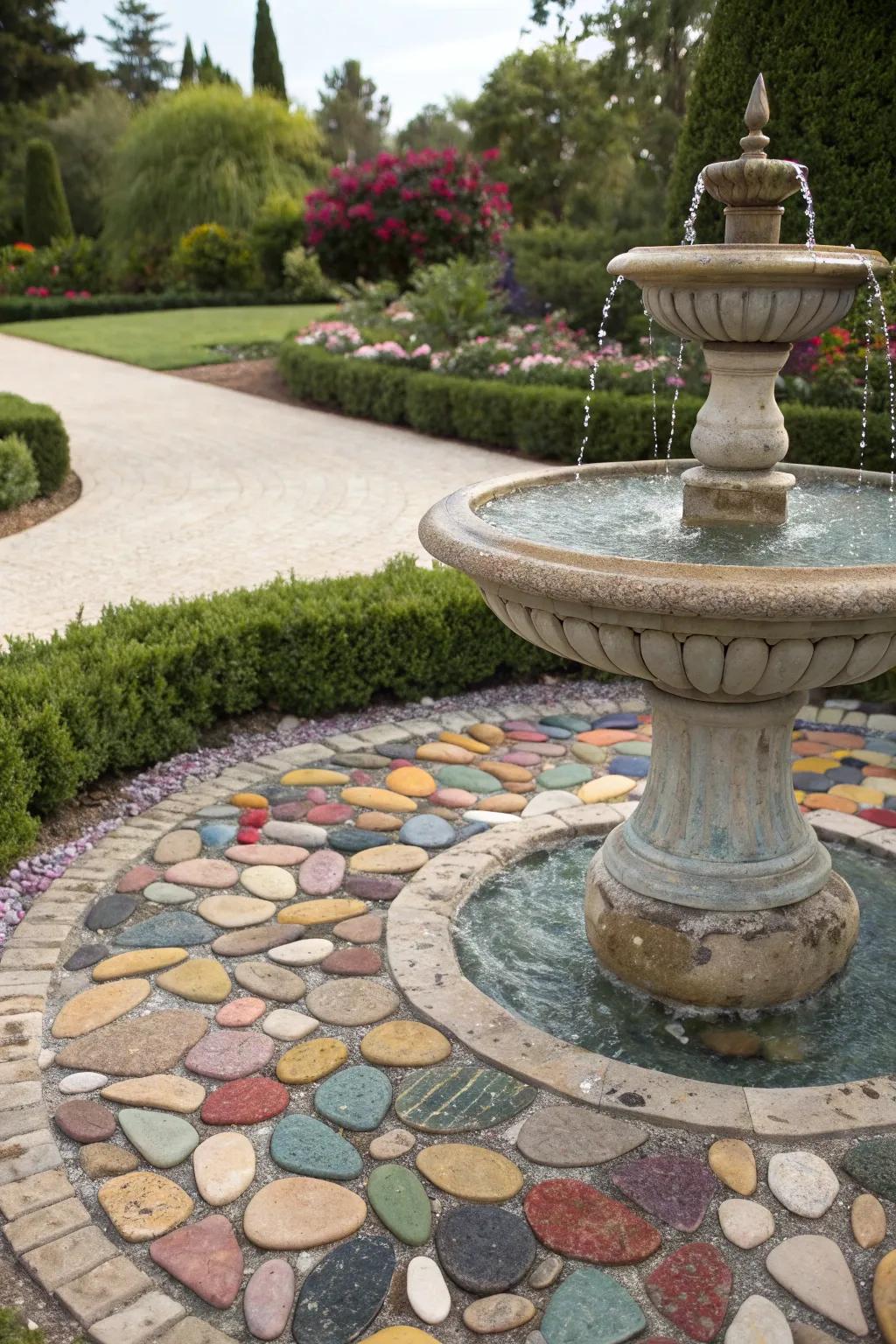 An intricate pebble mosaic adding artistic flair to a fountain.