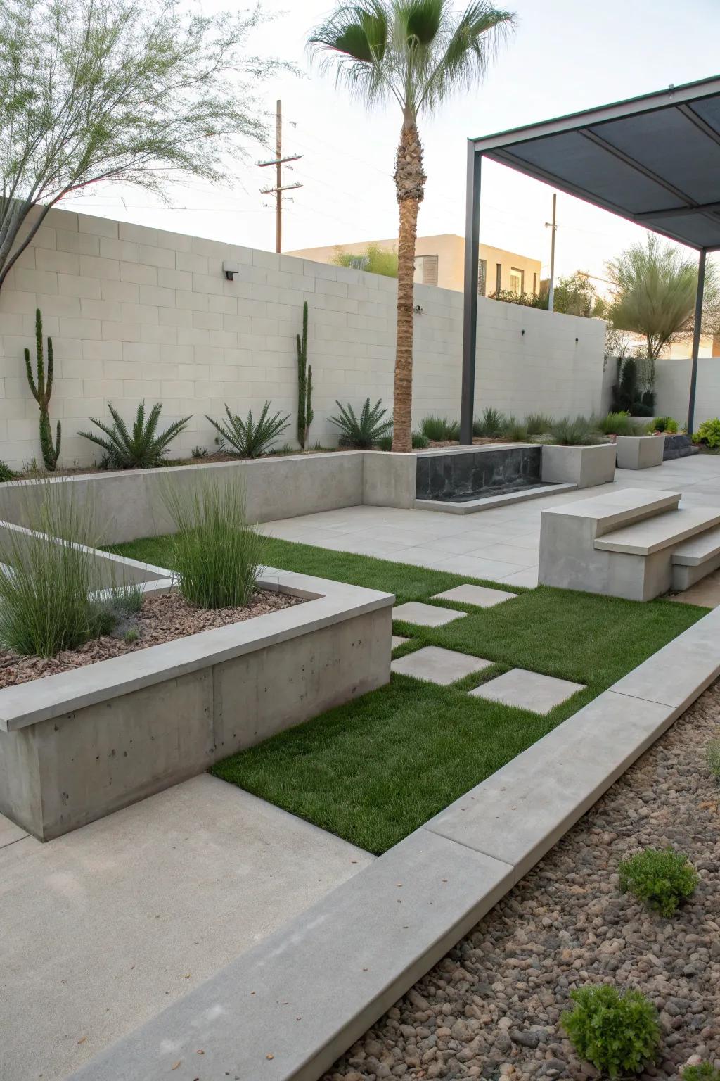 A modern courtyard with clean lines and vibrant greenery.
