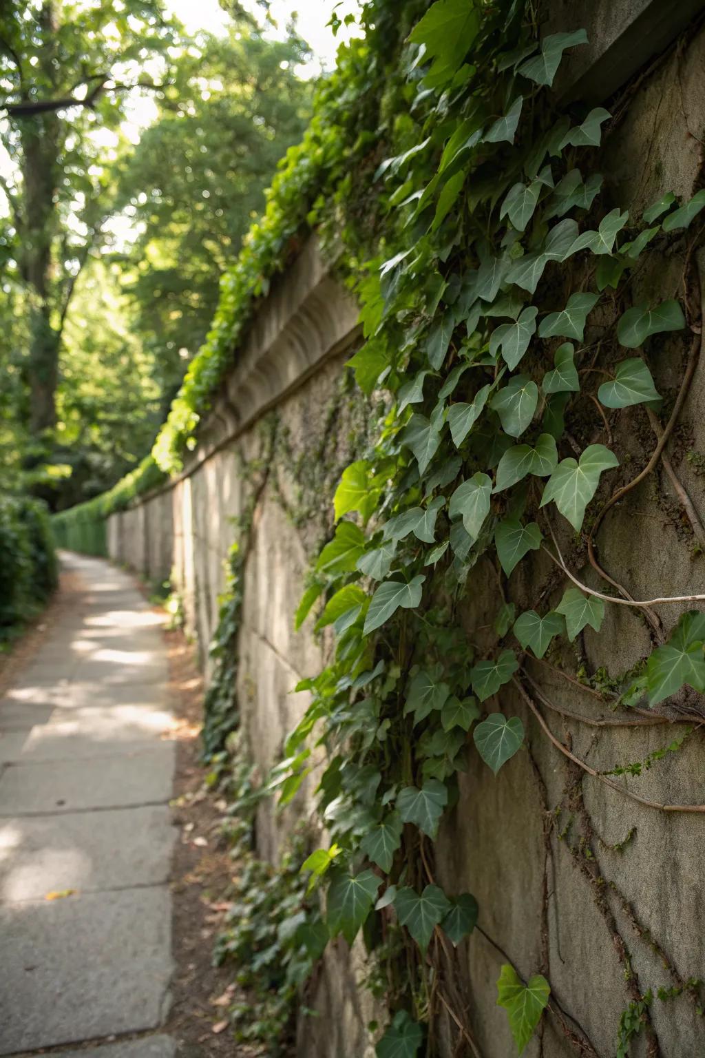 Climbing plants add height and softness to shaded garden structures.