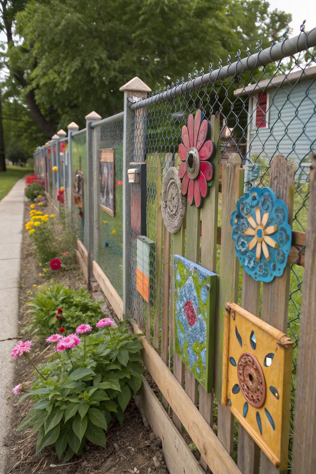 Recycled materials art adds unique character to the fence.