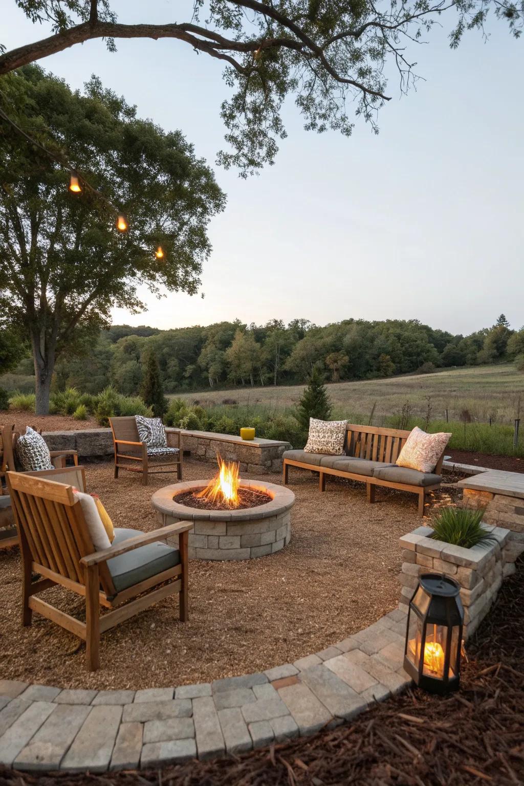 A warm and inviting fire pit area with mulch.
