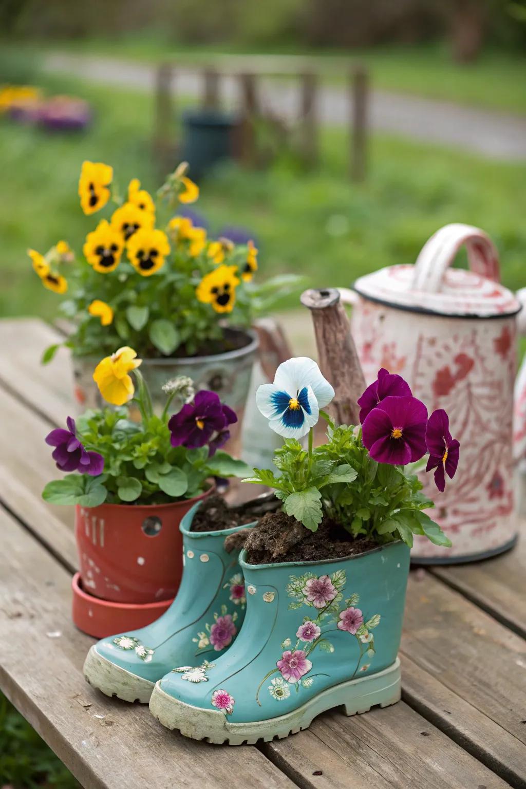 Pansies bringing life to repurposed garden containers.