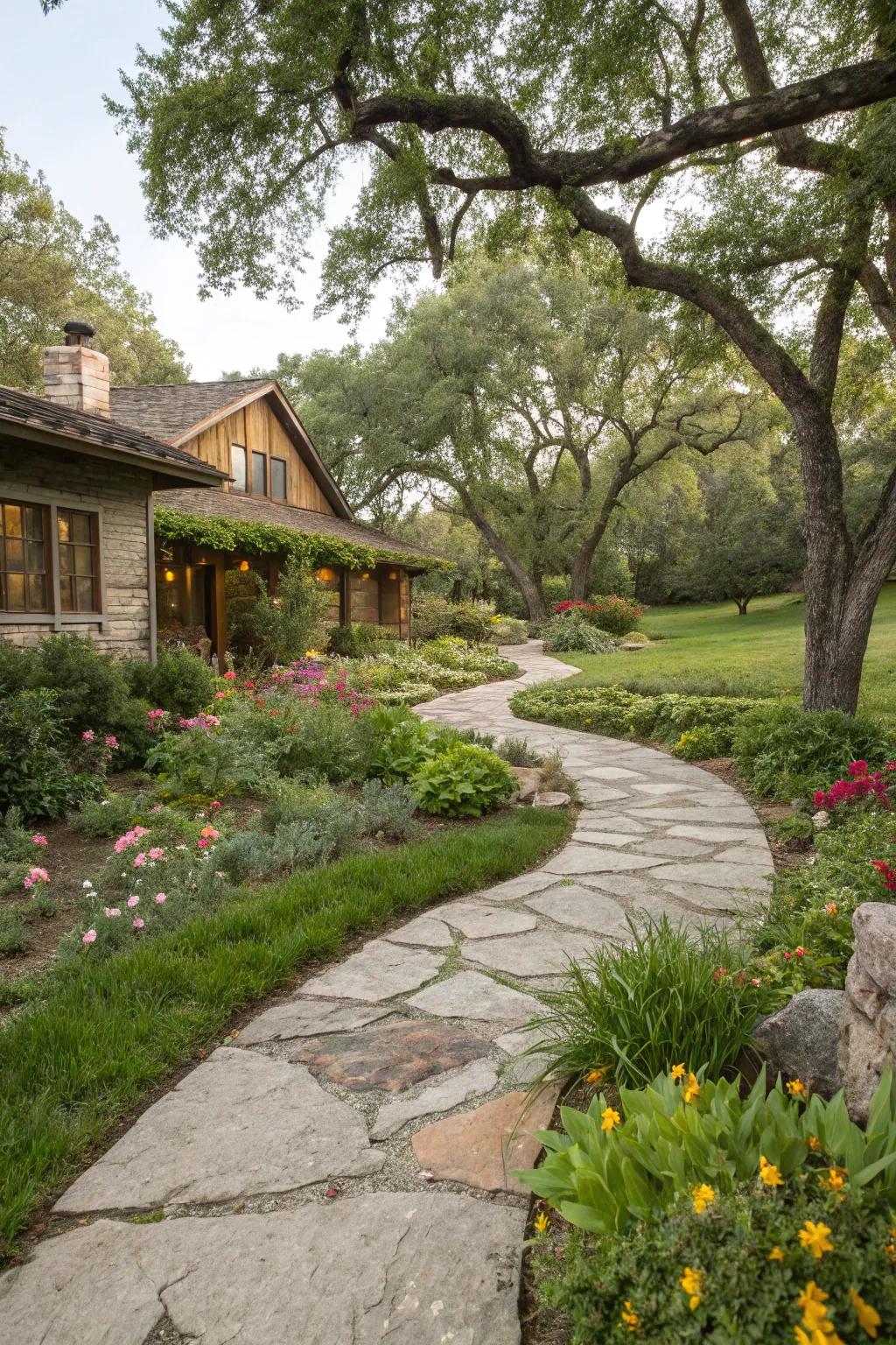 Natural stone pathways adding timeless beauty to a ranch-style home.