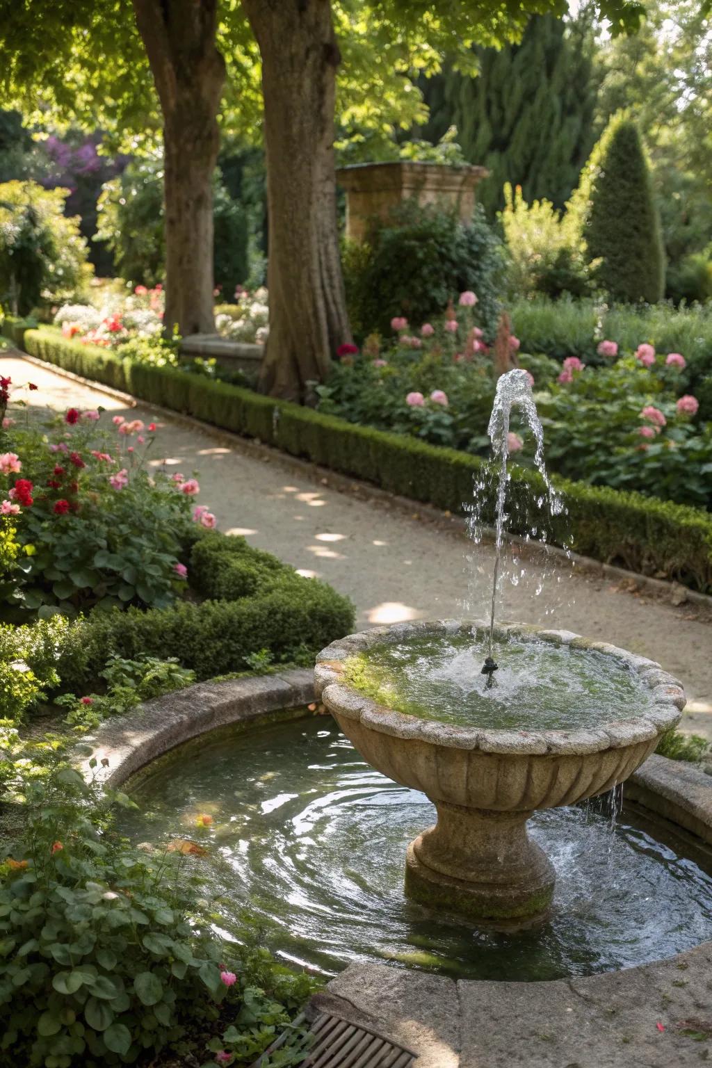 A water feature adds elegance and tranquility, enhancing garden appeal.