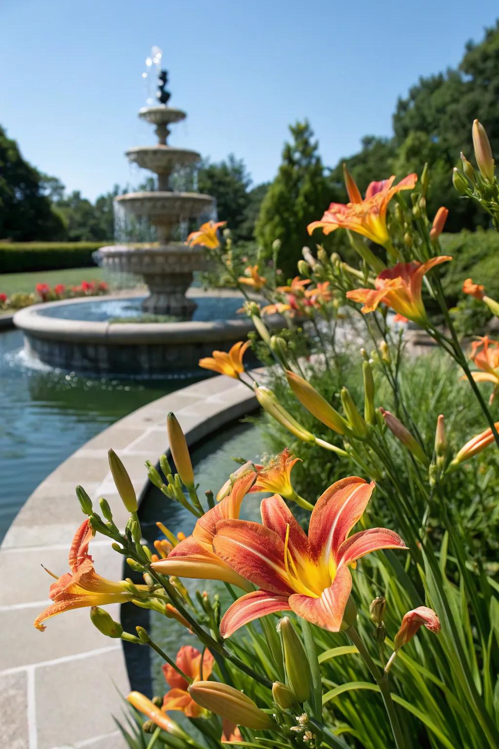 Daylilies complementing water features.