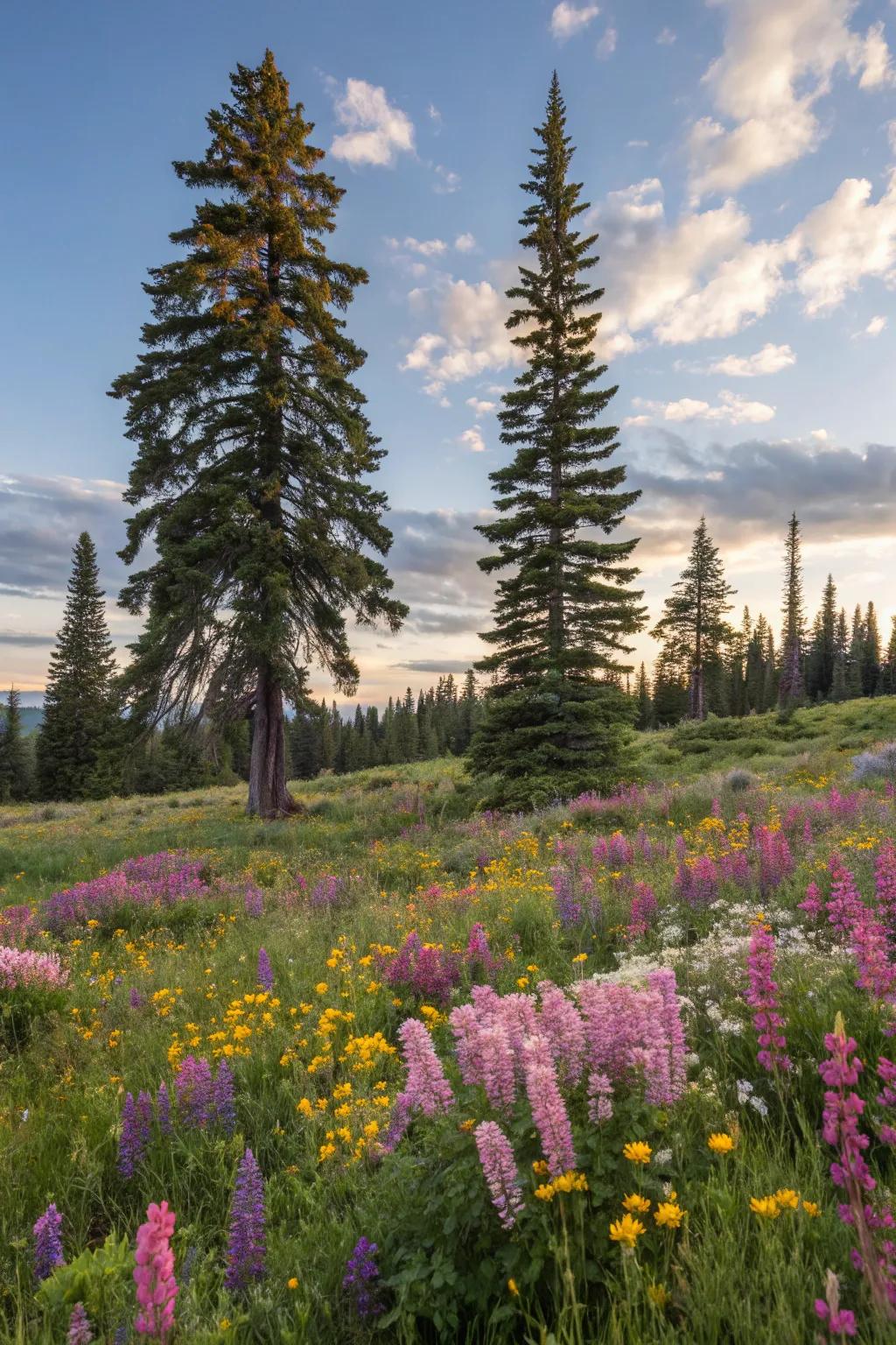 Wildflowers add a vibrant touch around pine trees.