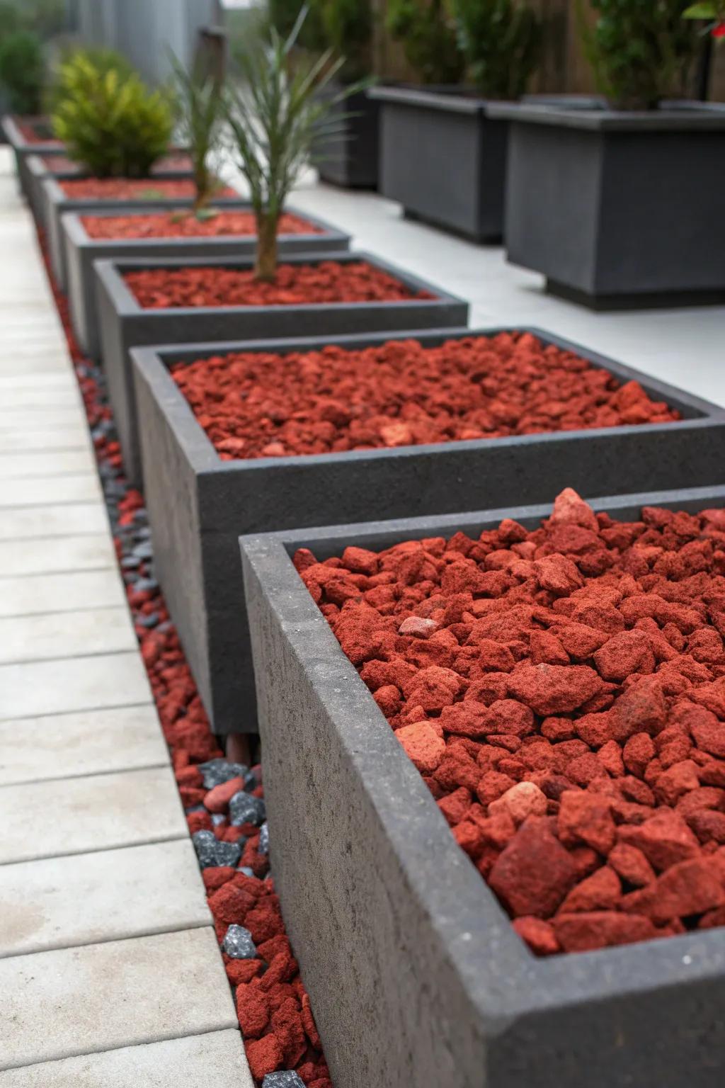 Red lava rocks in vertical planters add color and texture.