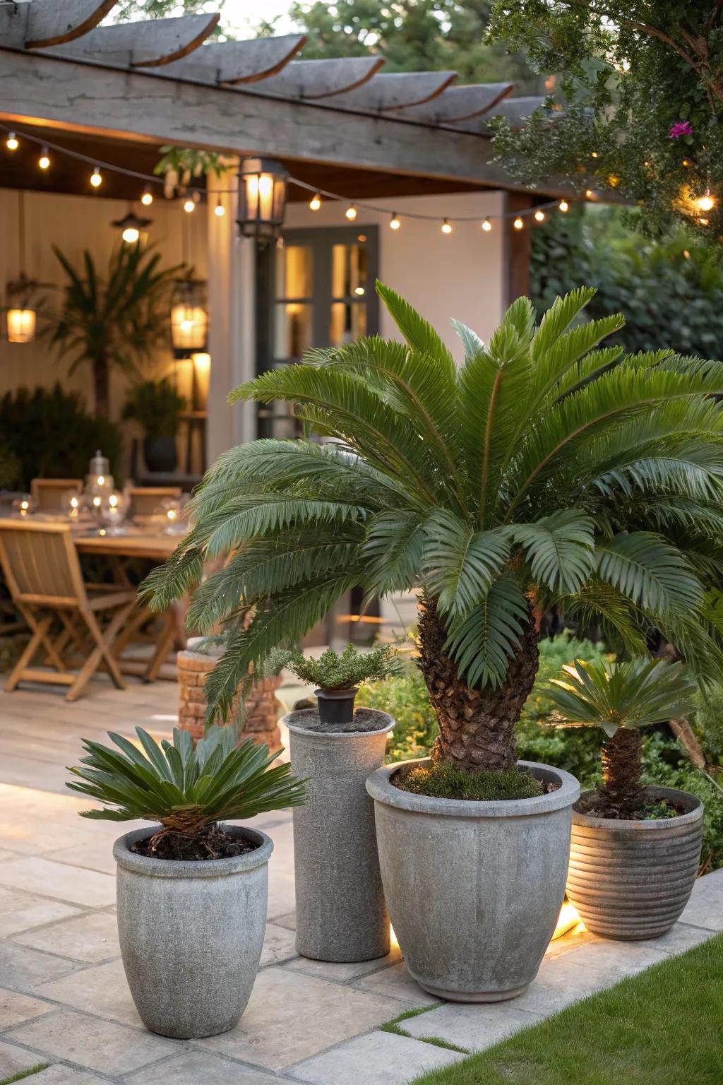 Easily refresh your patio's look with seasonal sago palm arrangements.
