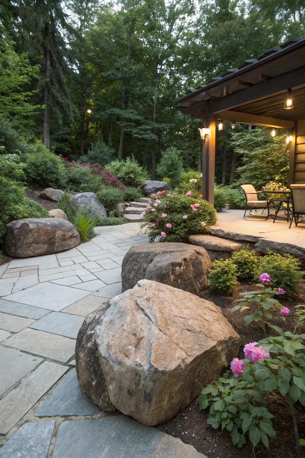 Boulders add texture and blend nature with patio design.