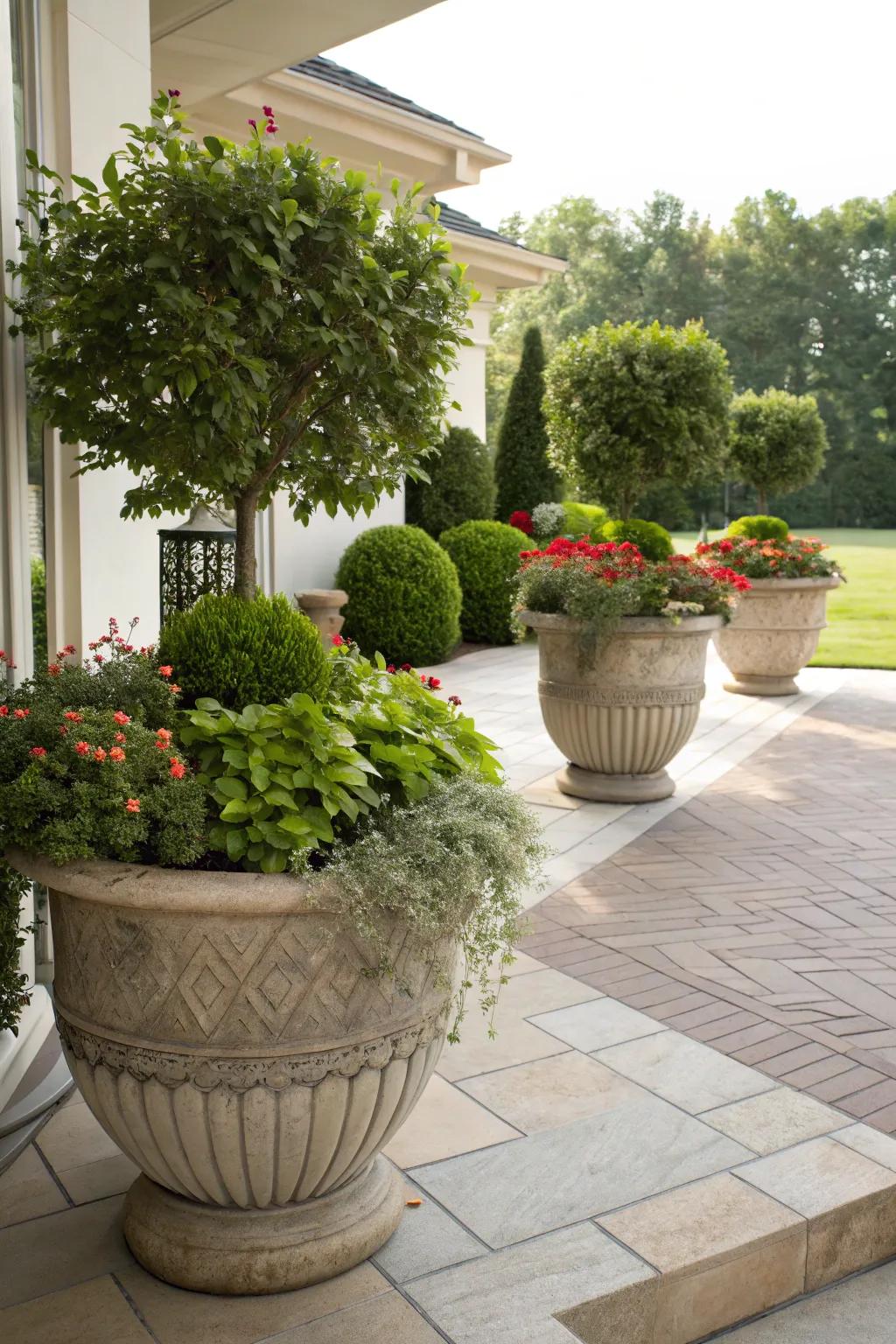 Large planters create bold, eye-catching displays on your patio.