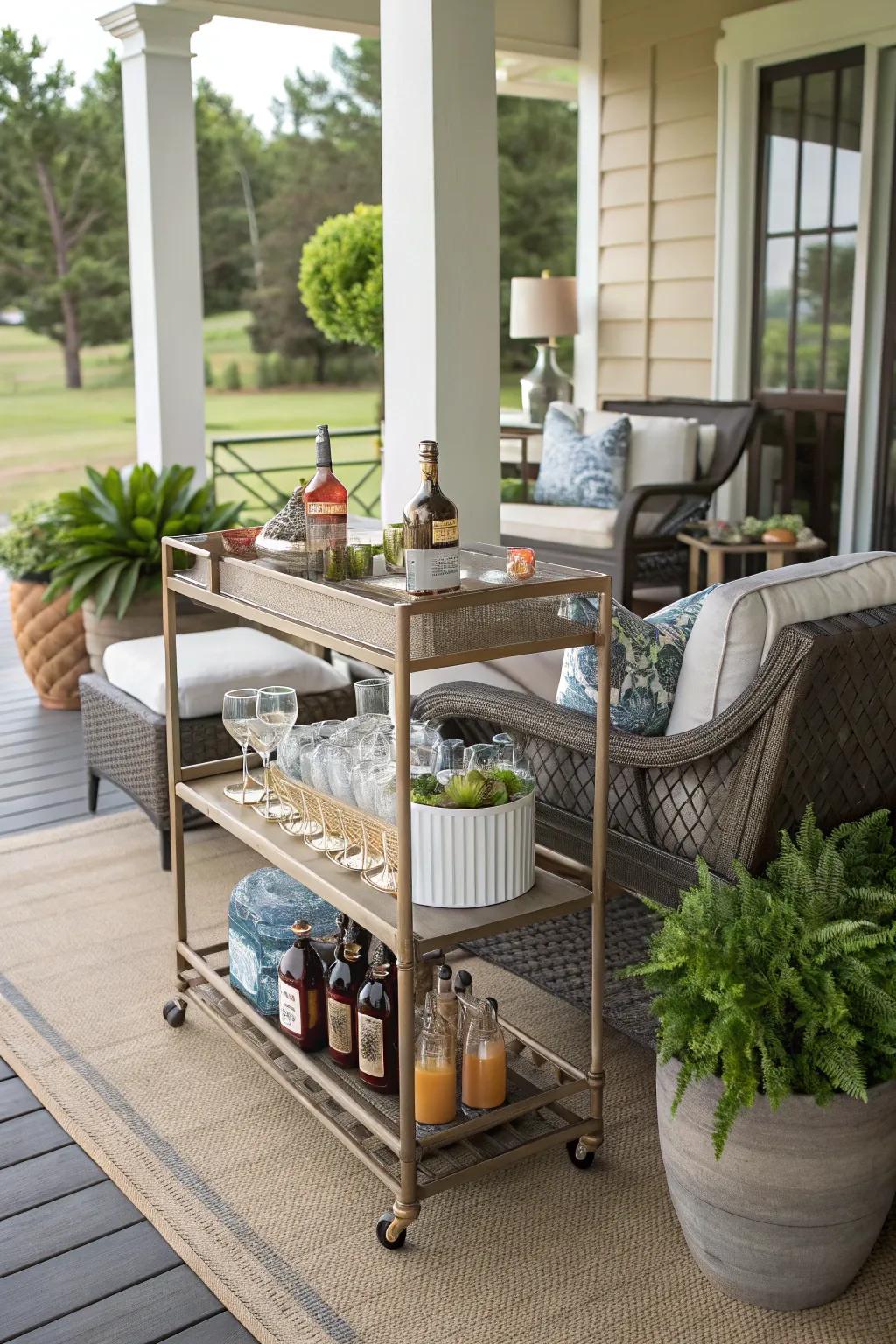 A bar cart makes entertaining on the porch effortless.