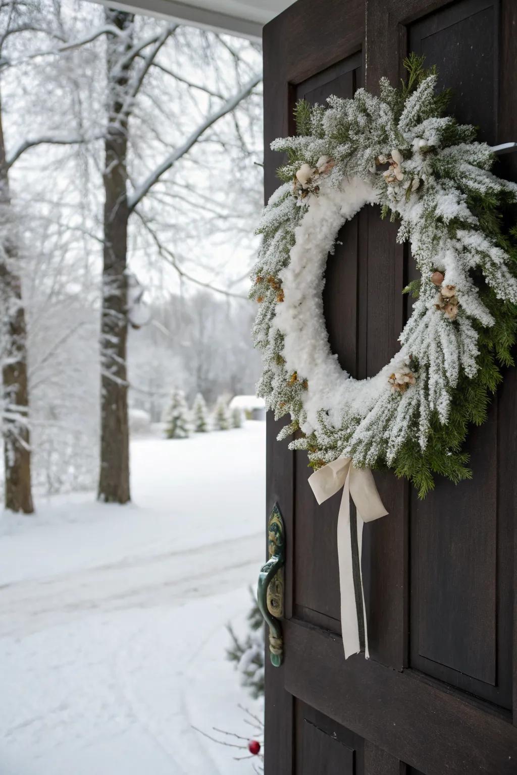 Snowy accents on a winter white wreath evoke serene holiday beauty.