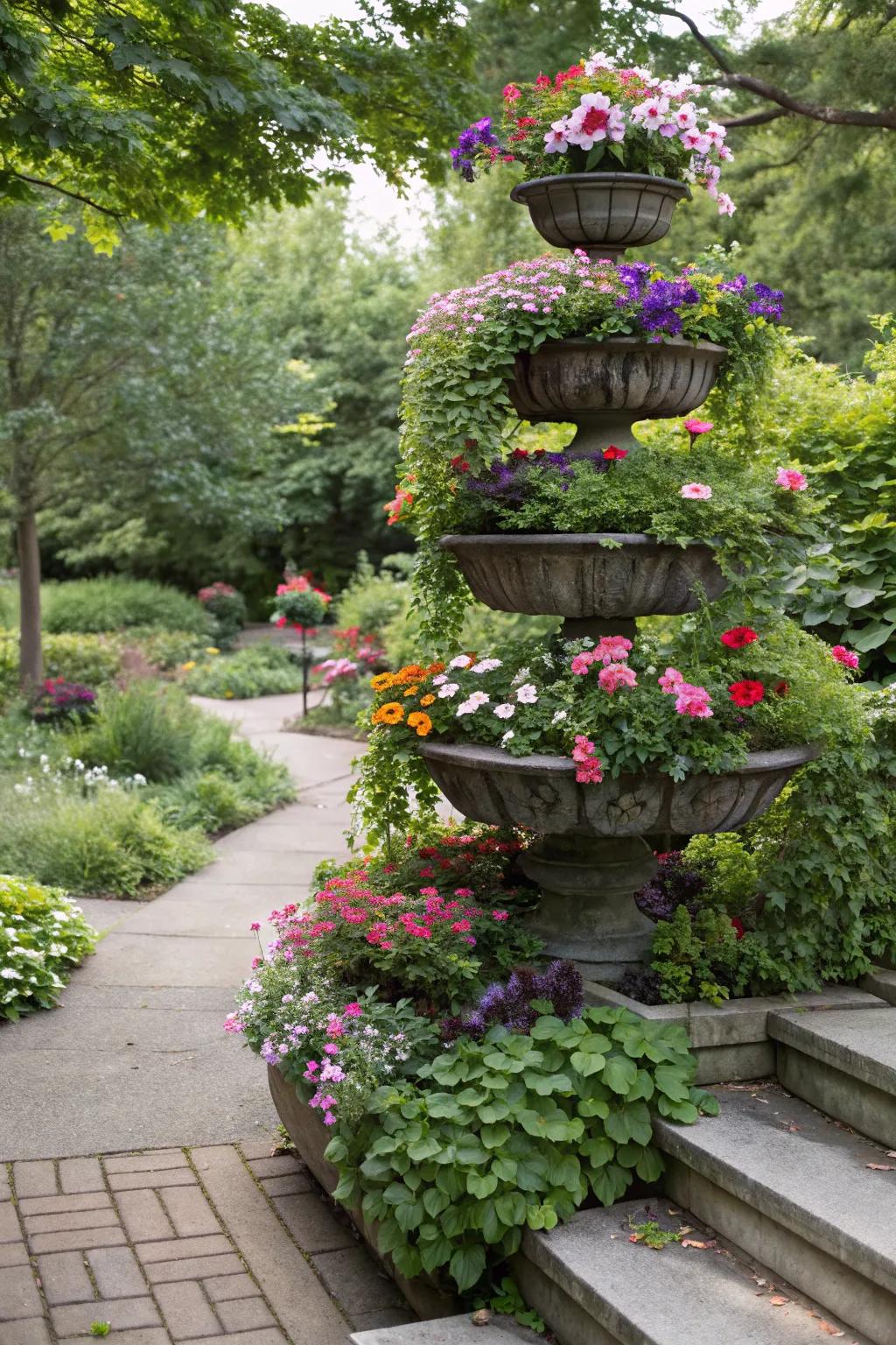 Tiered planters add a touch of artistry to any garden.