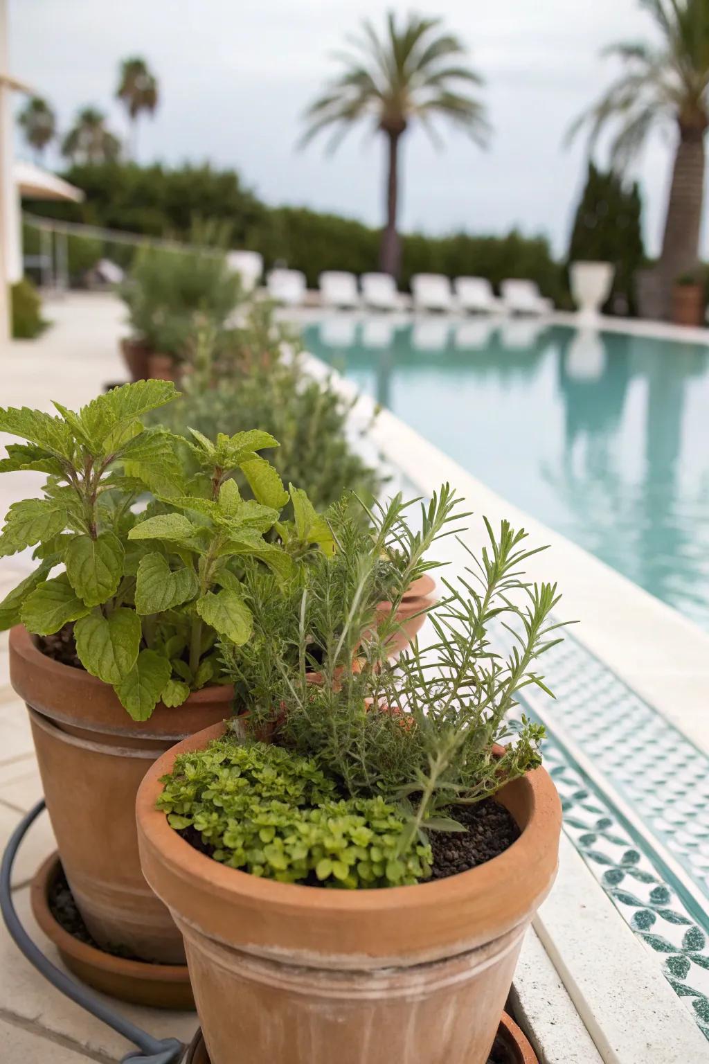 Add freshness and flavor with edible plants by the pool.