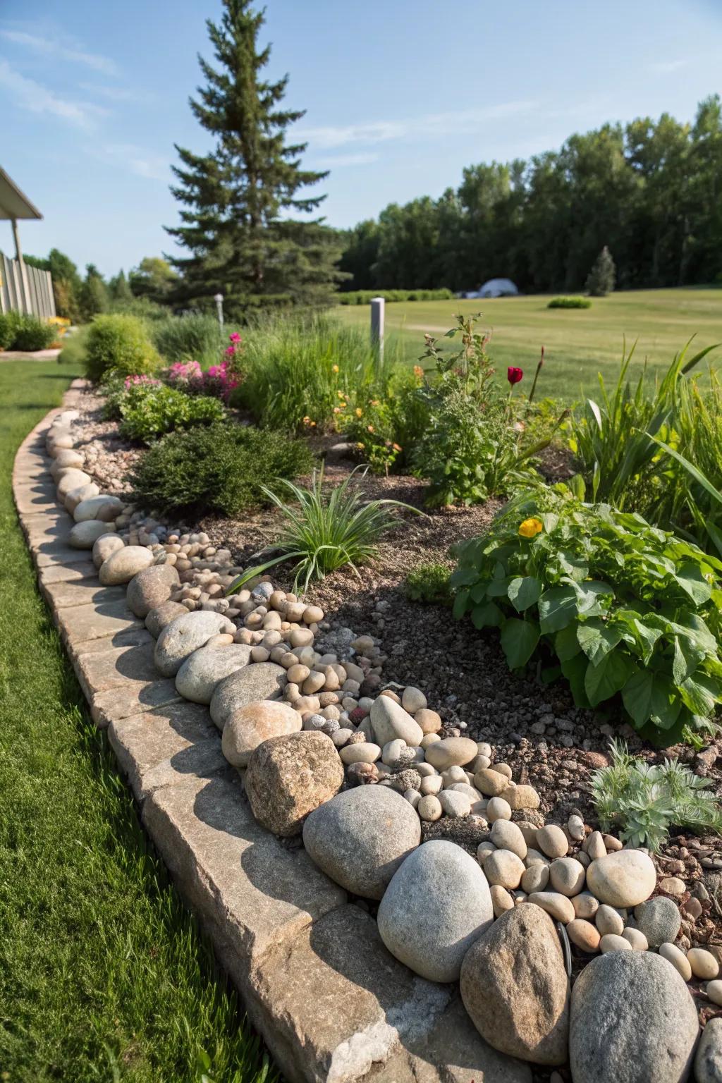 Neat garden bed edging with large river rocks.
