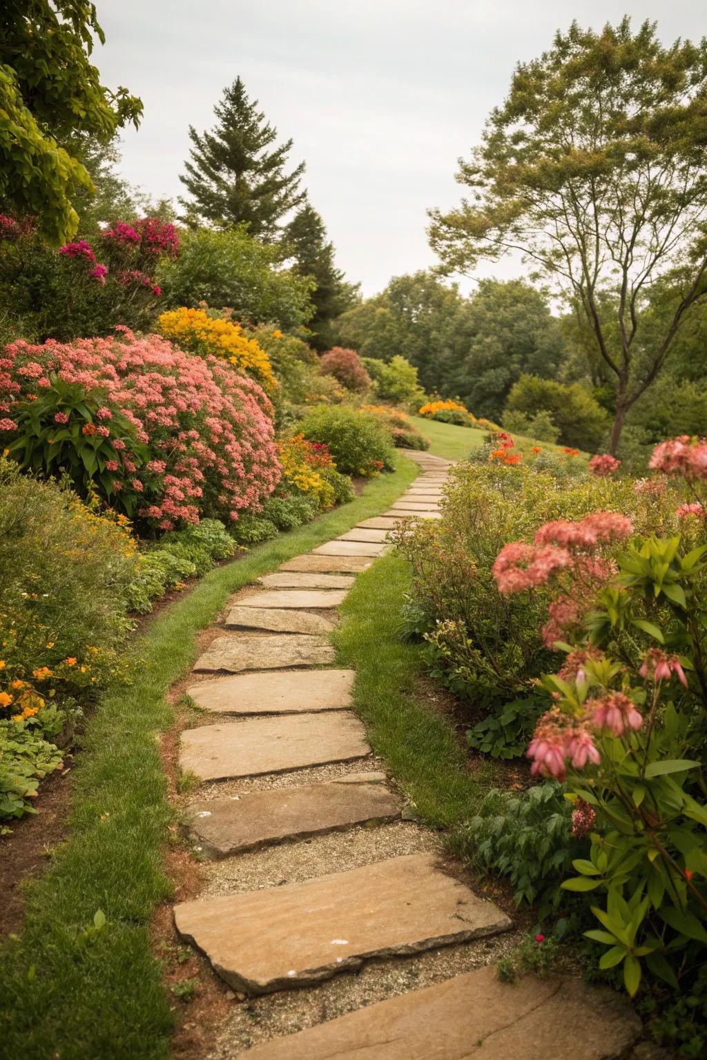 Warm-toned stones create a cozy and inviting garden path.