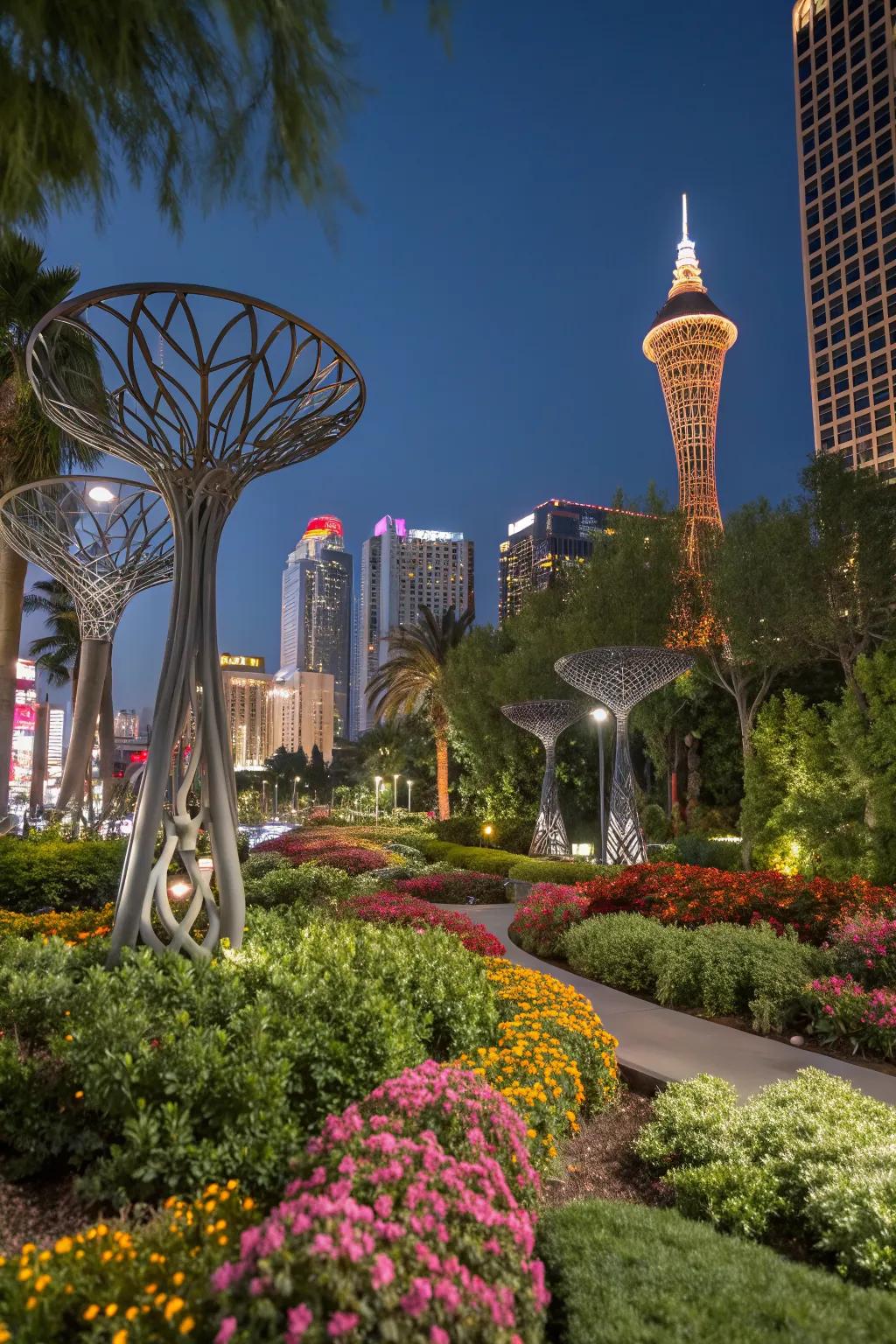 Sculptural elements add an artistic flair to the garden.