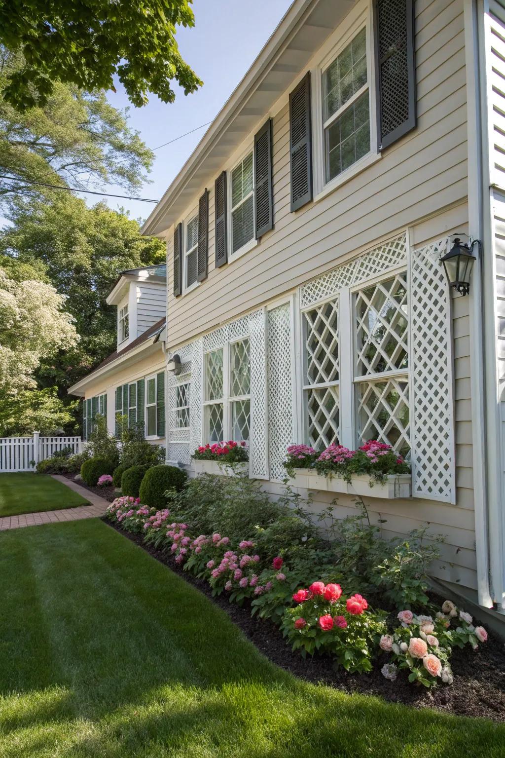 Elegant lattice shutters providing privacy with style.