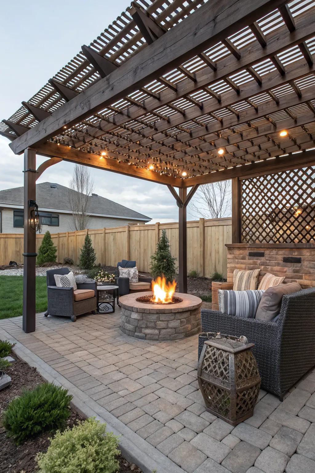 Warm up your space with a cozy fire pit under your lattice cover.