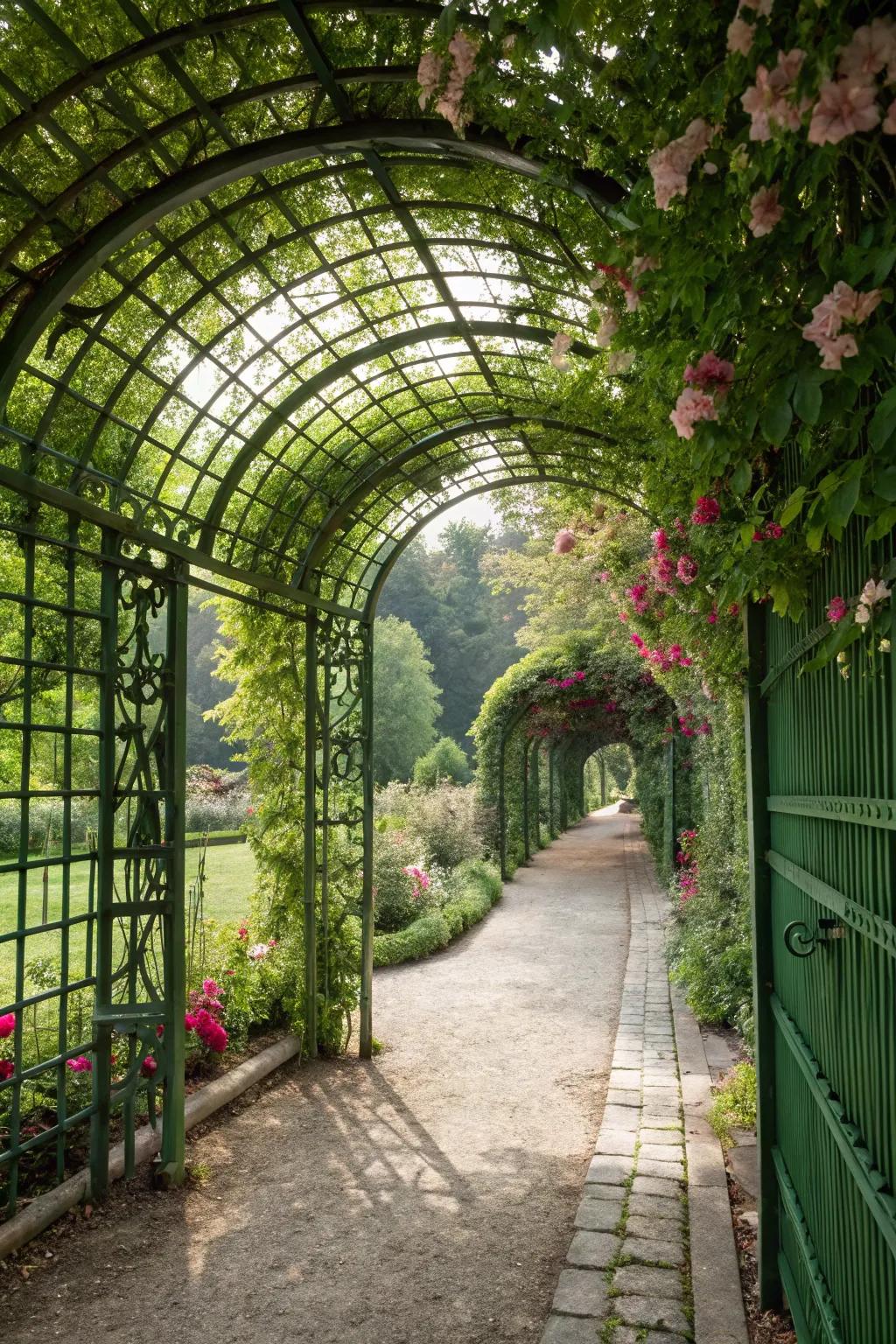 A charming entrance to a 'secret garden' framed by an arched lattice.