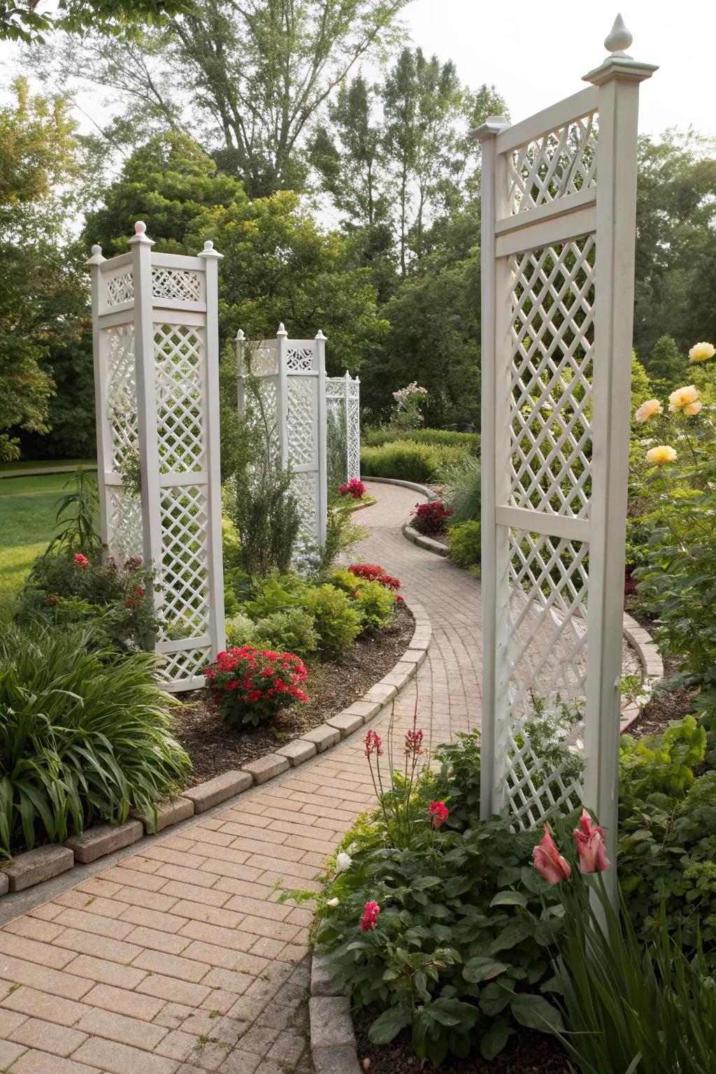 Freestanding lattice panels as a garden art piece.