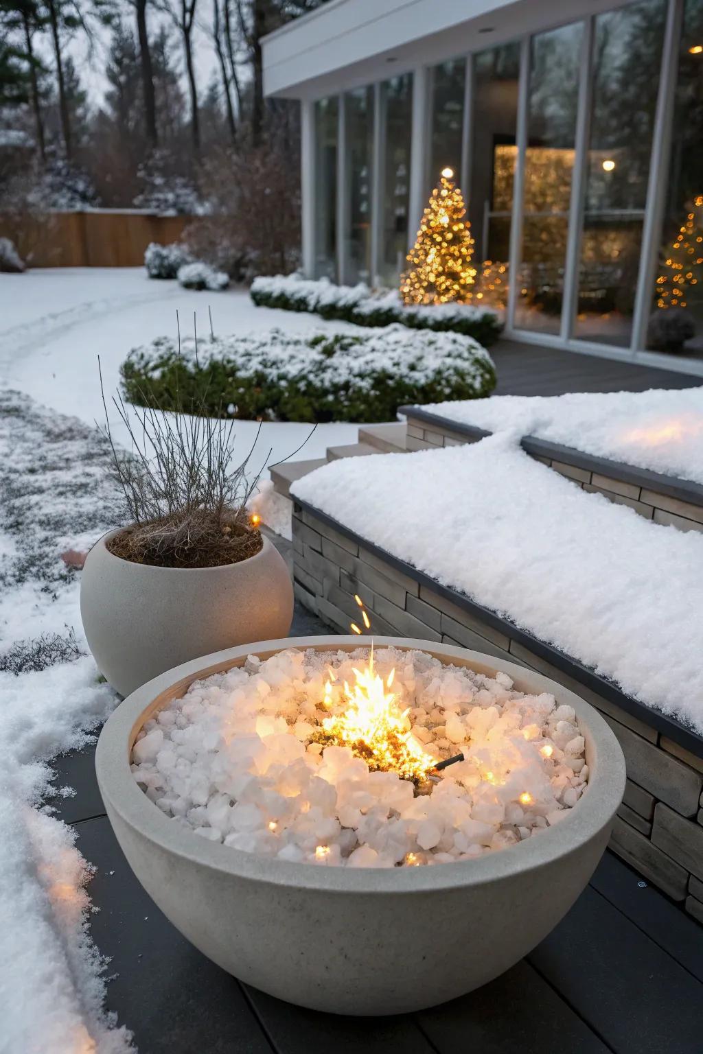 Icy white lava glass providing a cool contrast in a fire pit.
