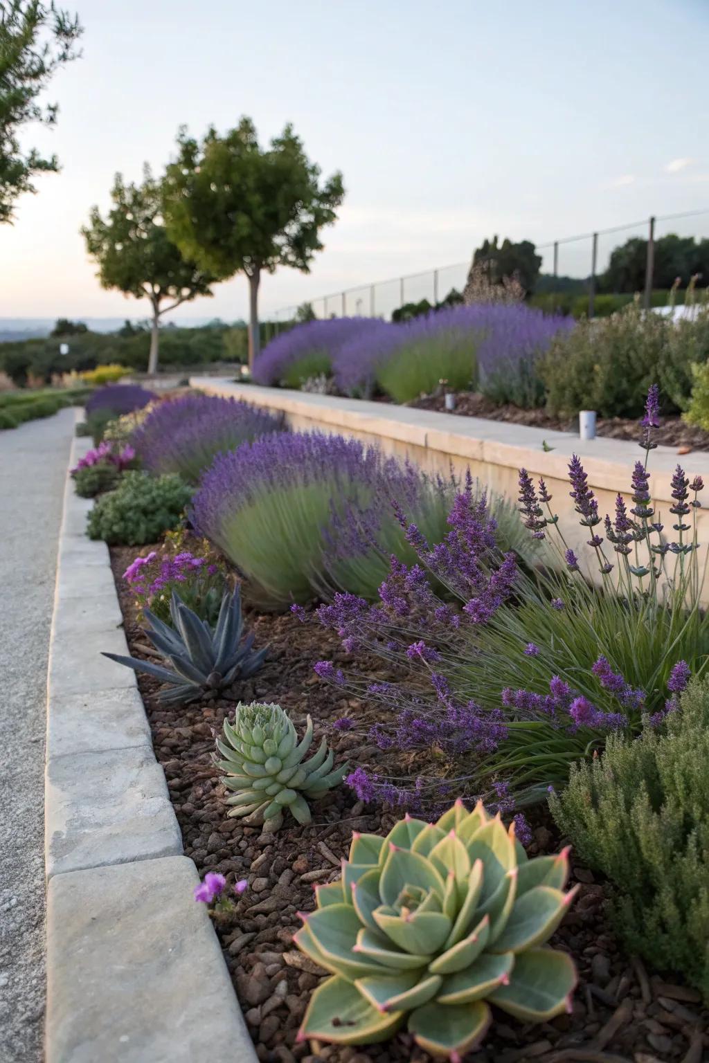 Lavender and succulents together in a low-maintenance garden.