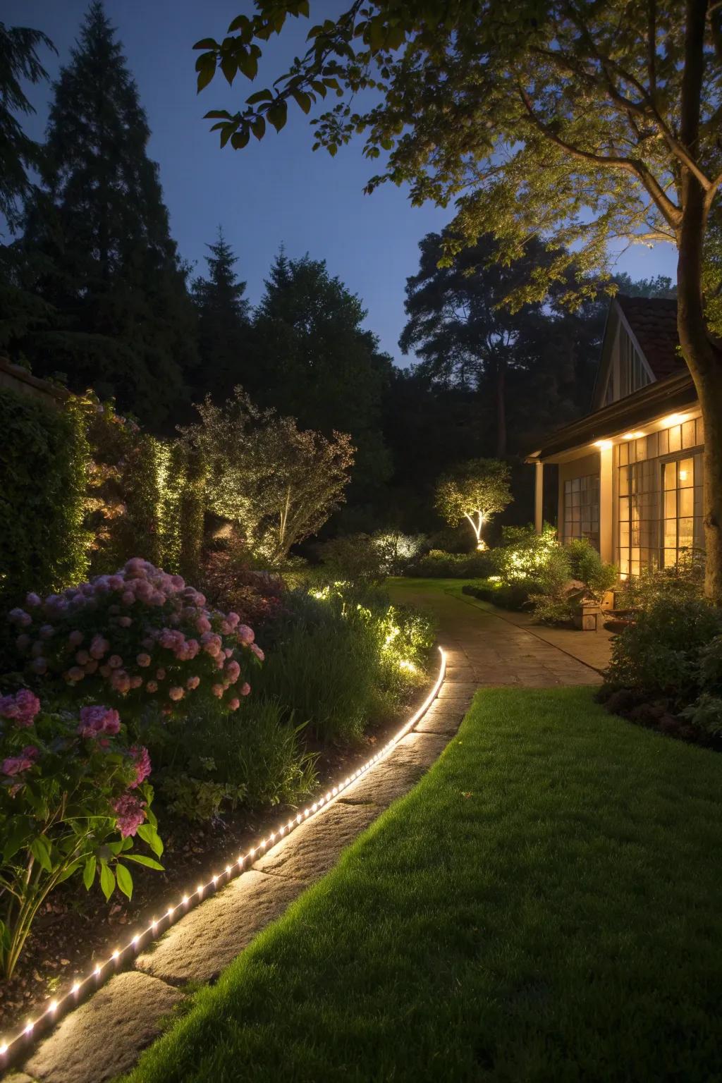 LED lighting adds drama and function to garden dividers.