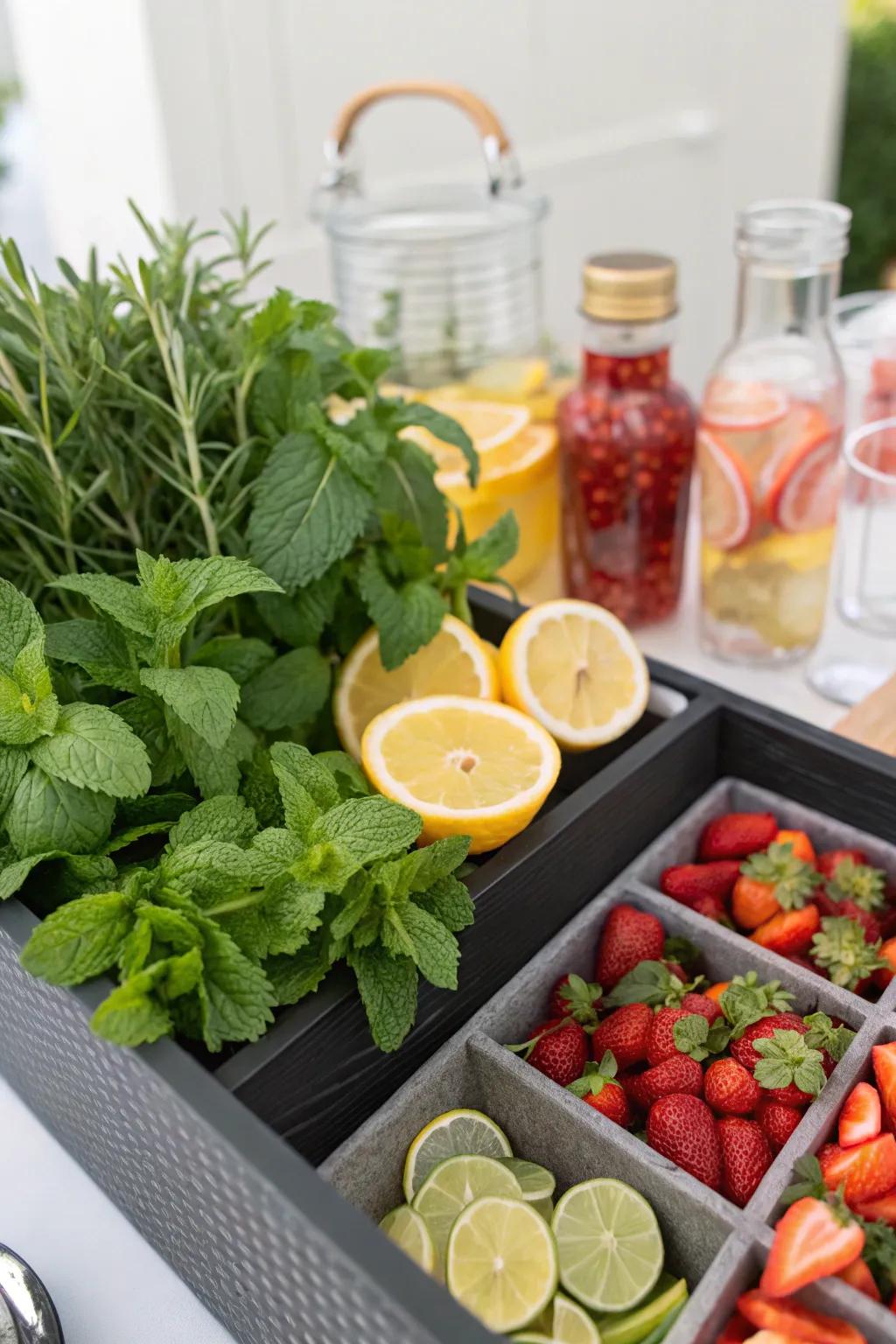 A signature drinks station with fresh ingredients offers unique flavors.