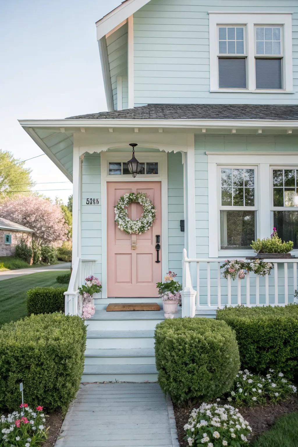 A blush pink door adds romance and charm.