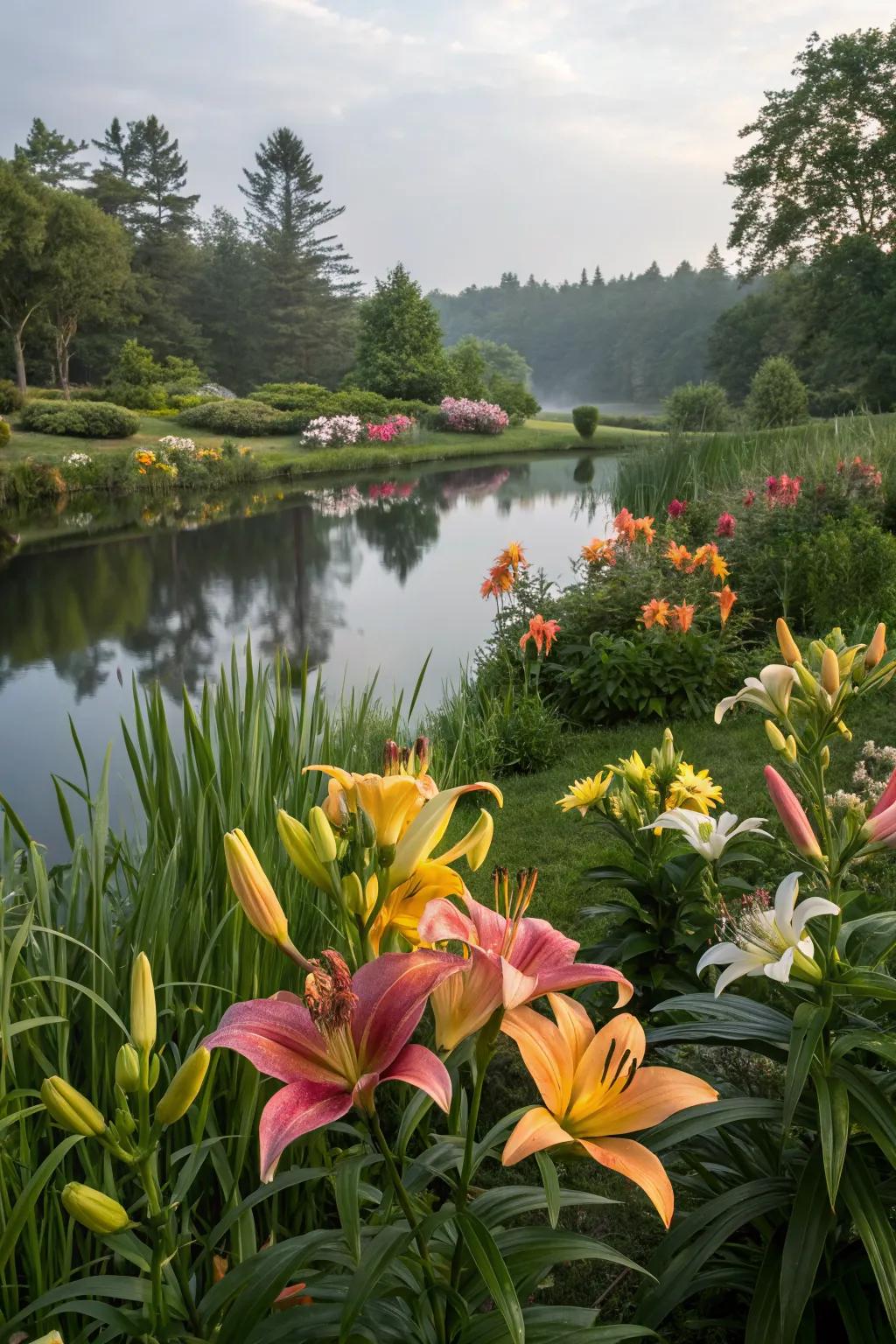 Water features enhancing the lily garden's tranquility.