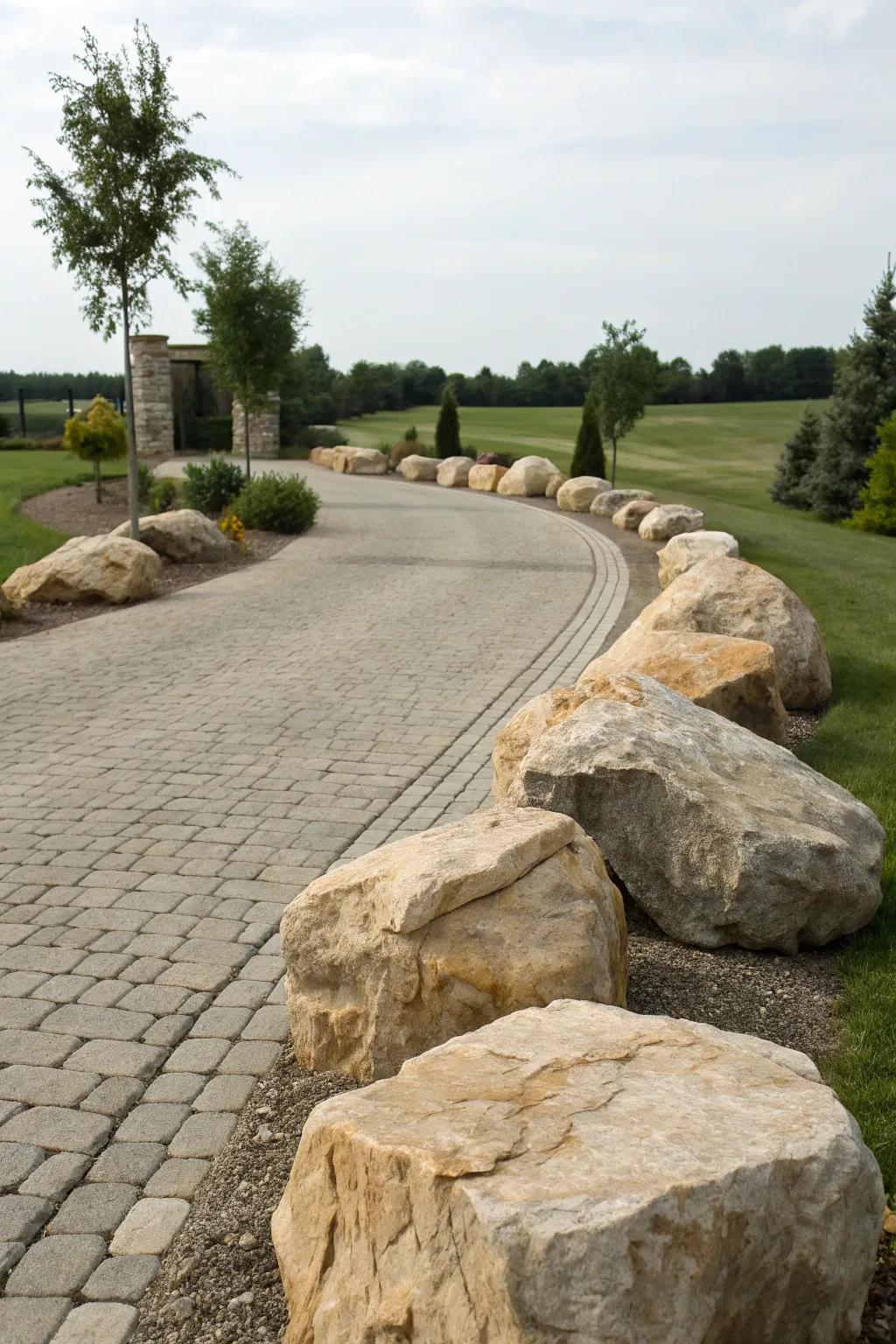 Limestone boulders providing a natural edge to a driveway.
