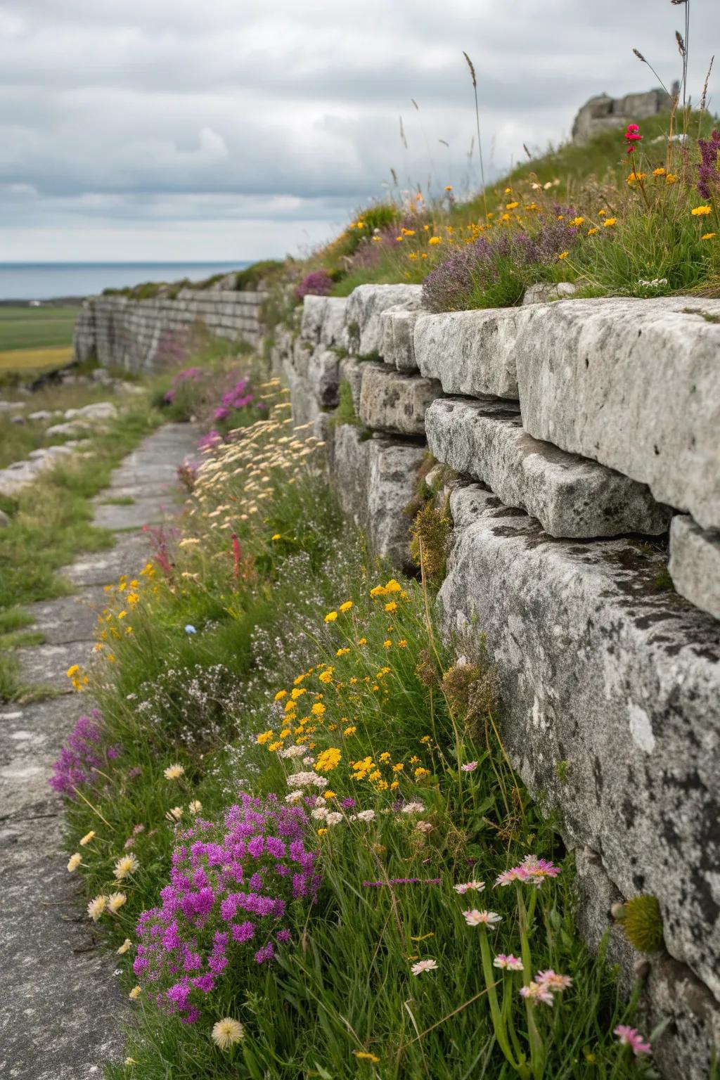 Wildflowers bring natural beauty to limestone structures.