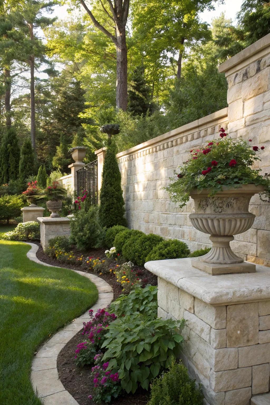 A limestone wall provides a textured backdrop for the garden.
