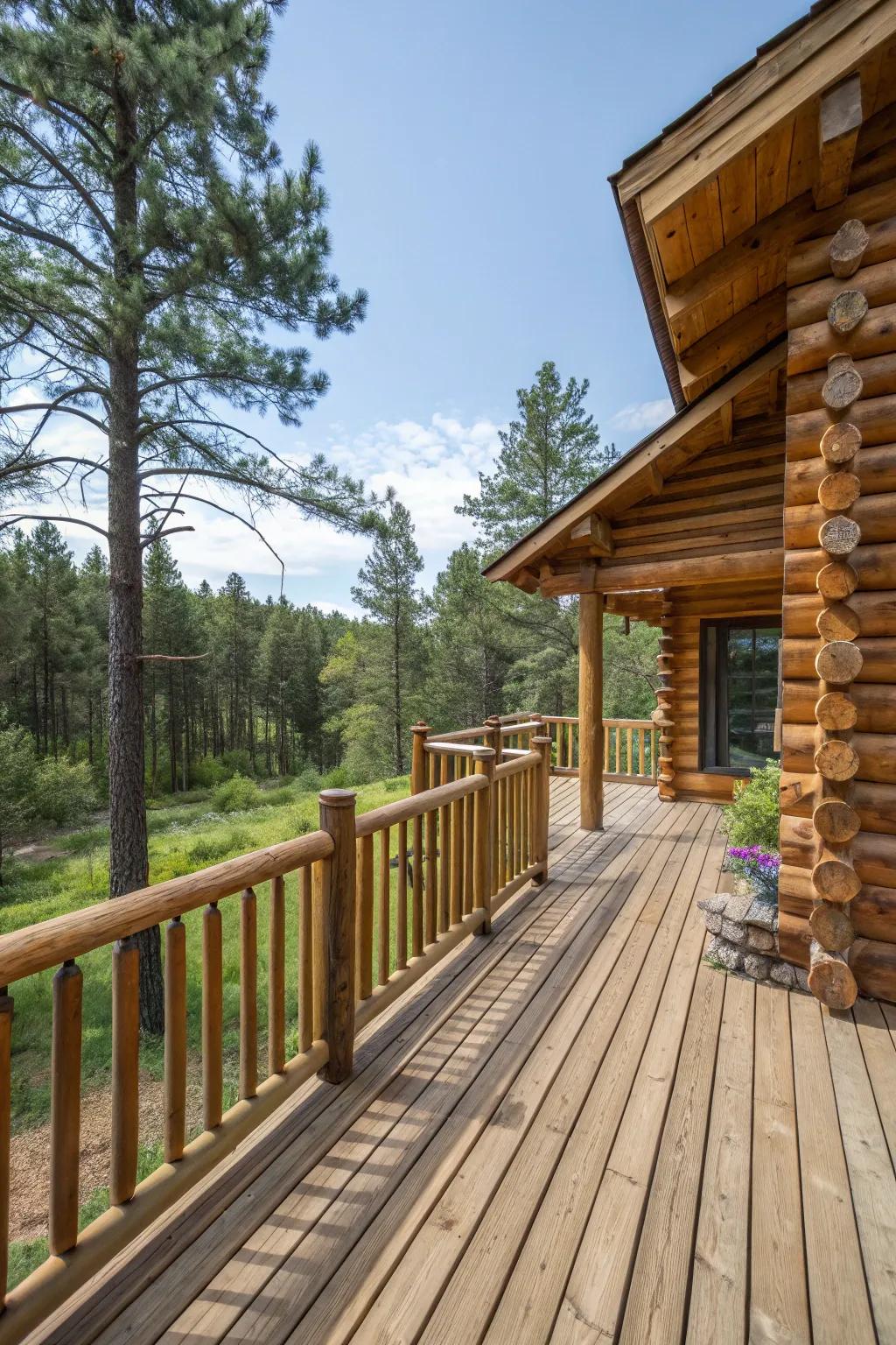 Simple pine railings provide a classic and affordable option for log cabin decks.