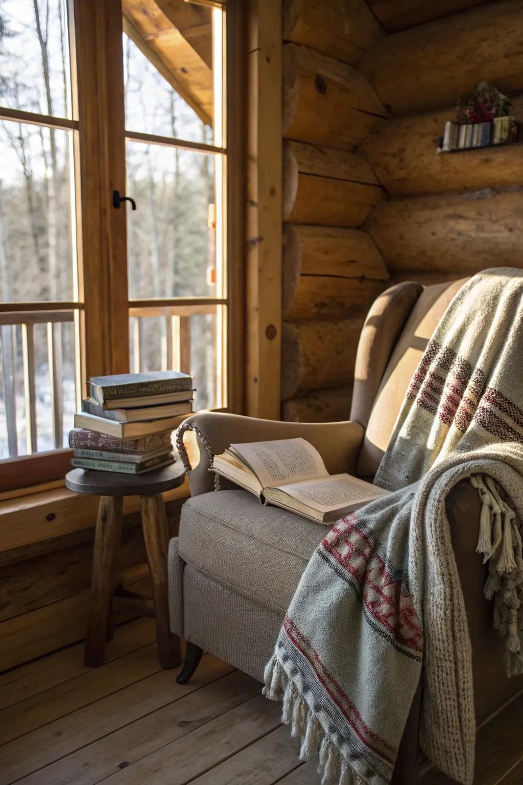 A serene reading nook in a log cabin, perfect for relaxing moments.