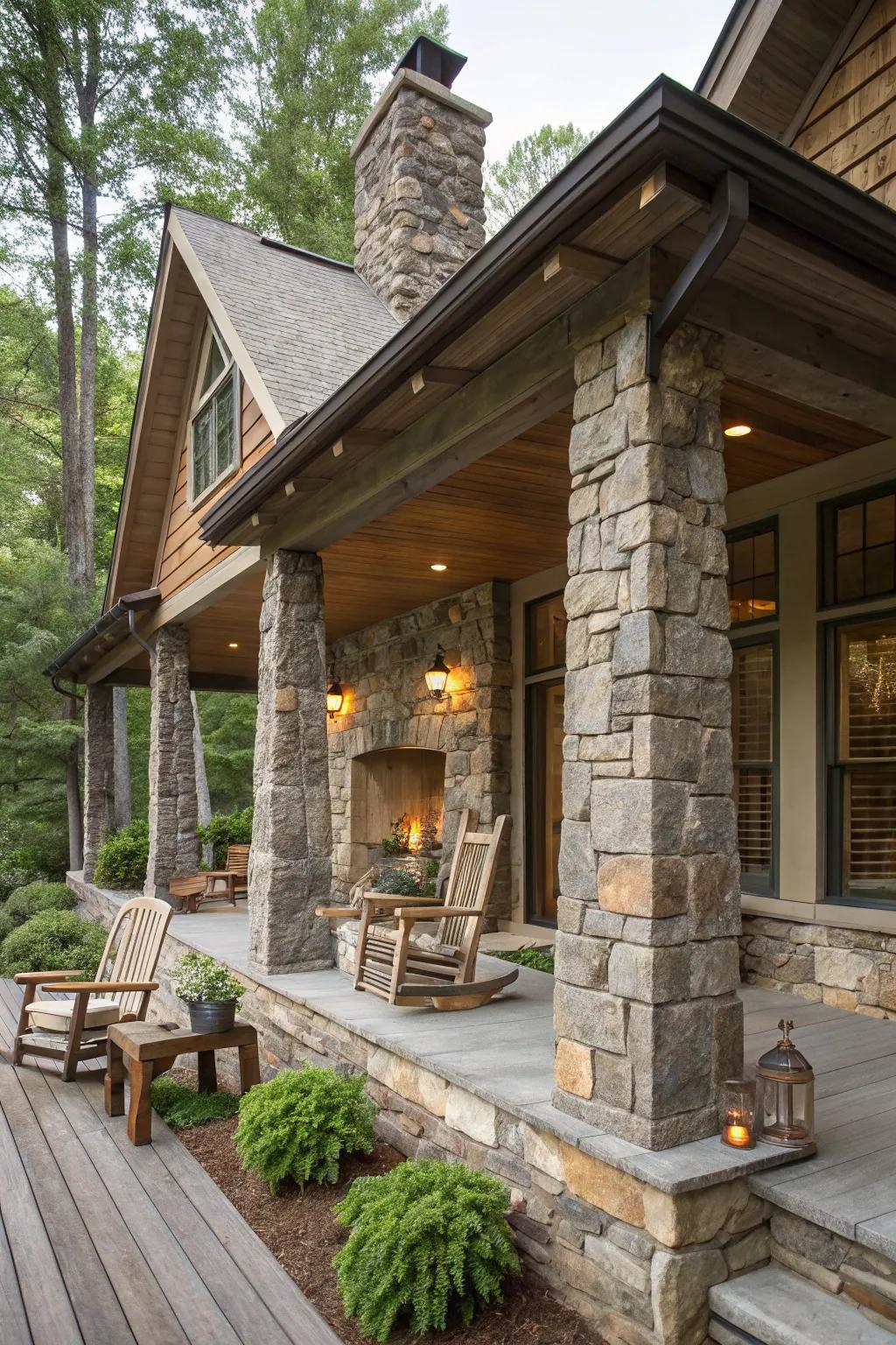 Stone accents add a touch of elegance and natural texture to a log cabin porch.