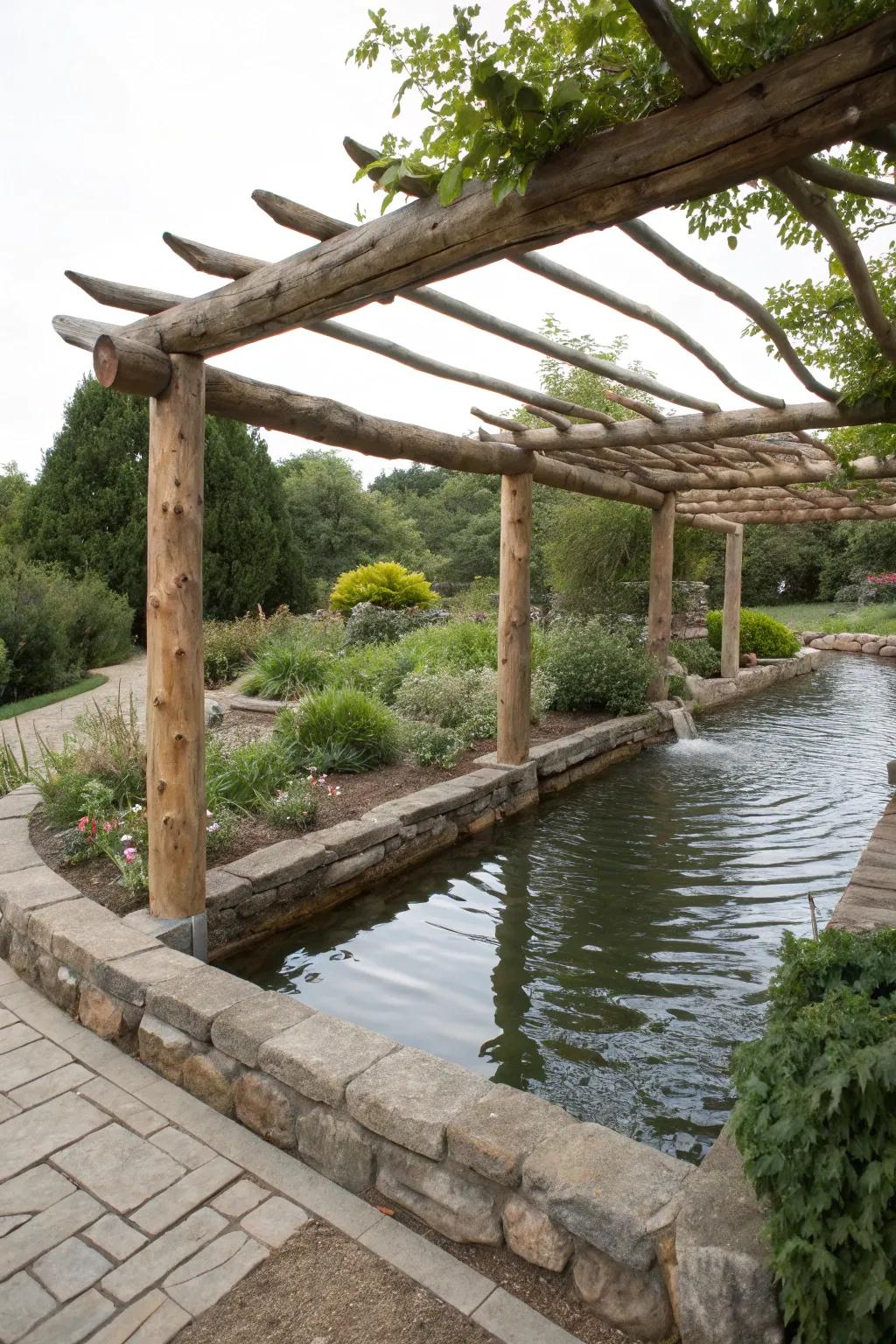 A tranquil water feature enhancing a log pergola setting.