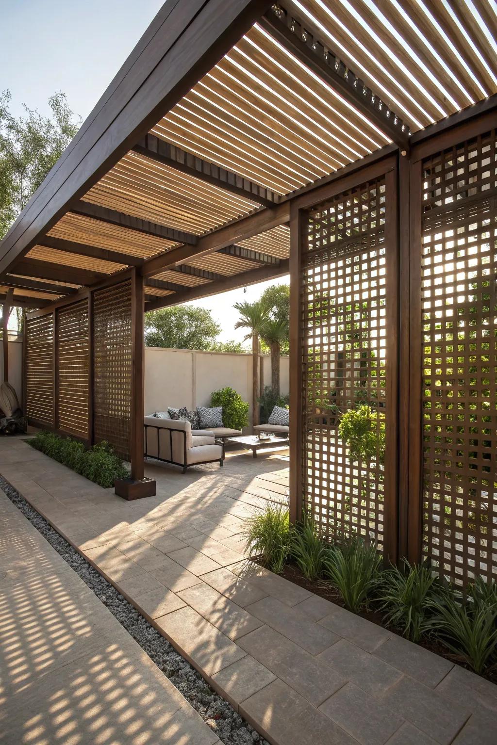 A private and serene space with a louvered cover and screens.