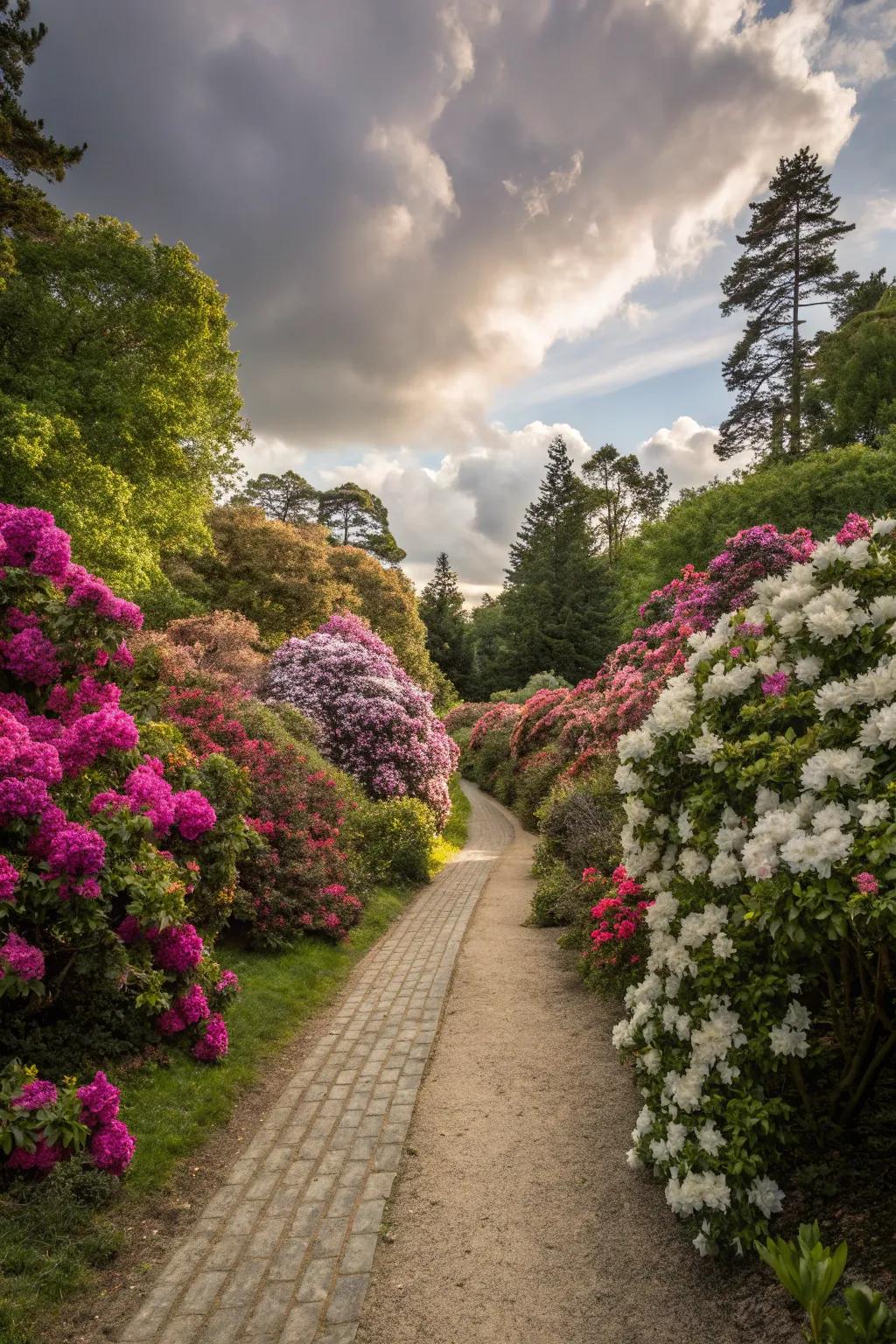 Rhododendrons provide vibrant blooms for a striking border.