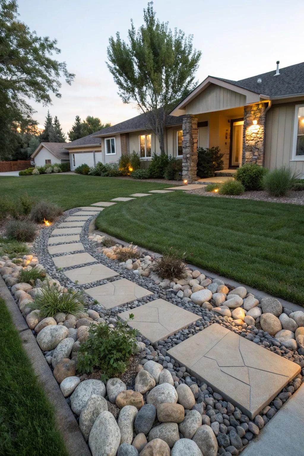 Decorative stones enhancing the beauty and simplicity of a low-maintenance front yard.