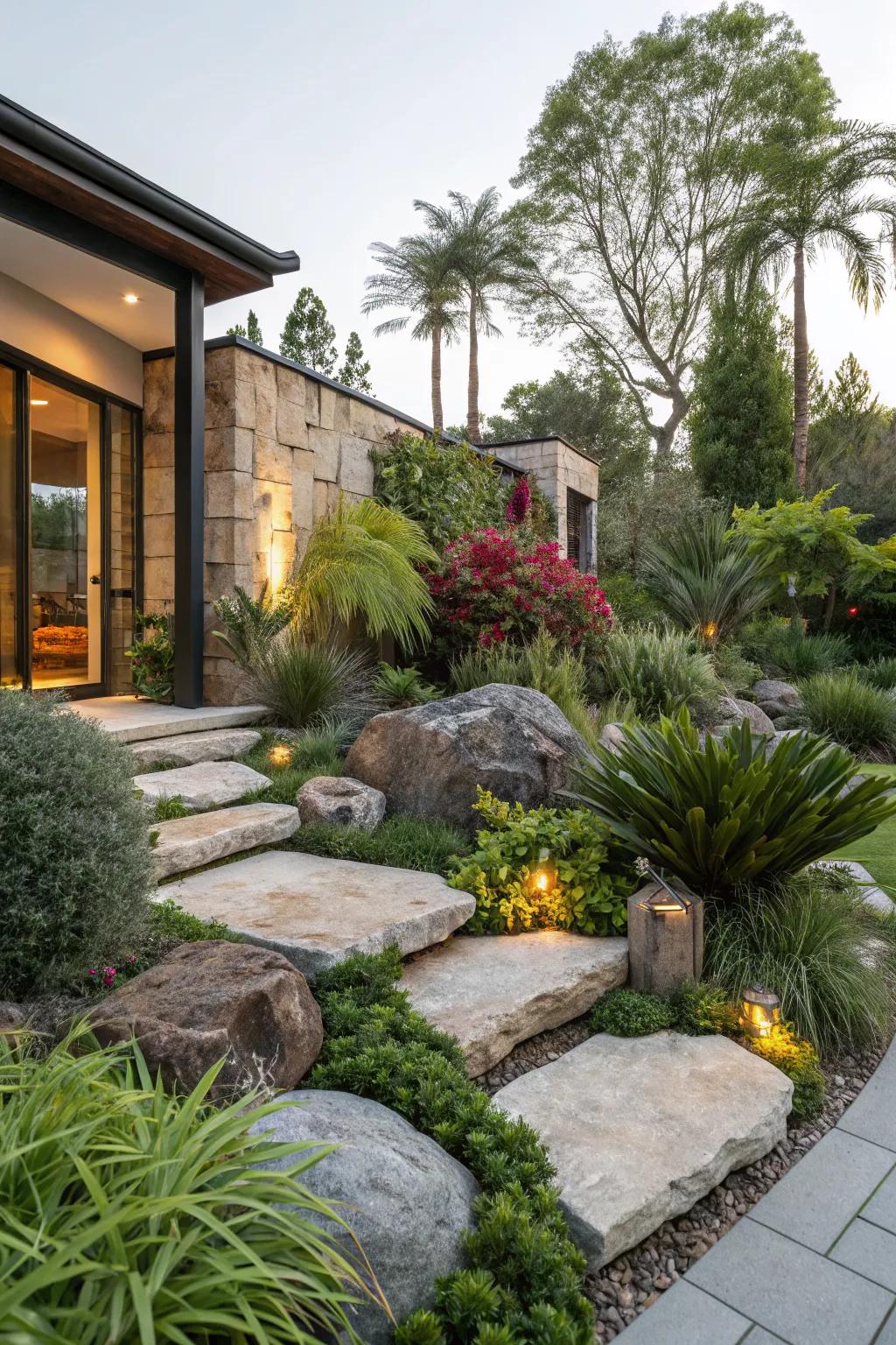 Natural stone accents adding texture to a modern garden.