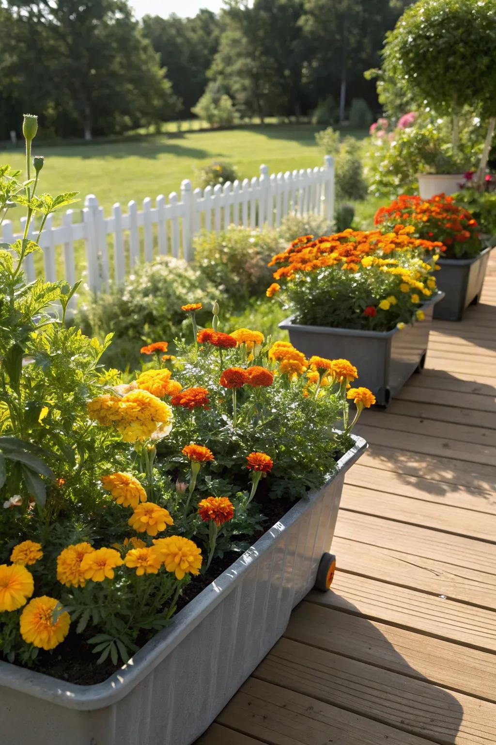 A sunny delight with marigolds and zinnias, bringing cheer to any space.