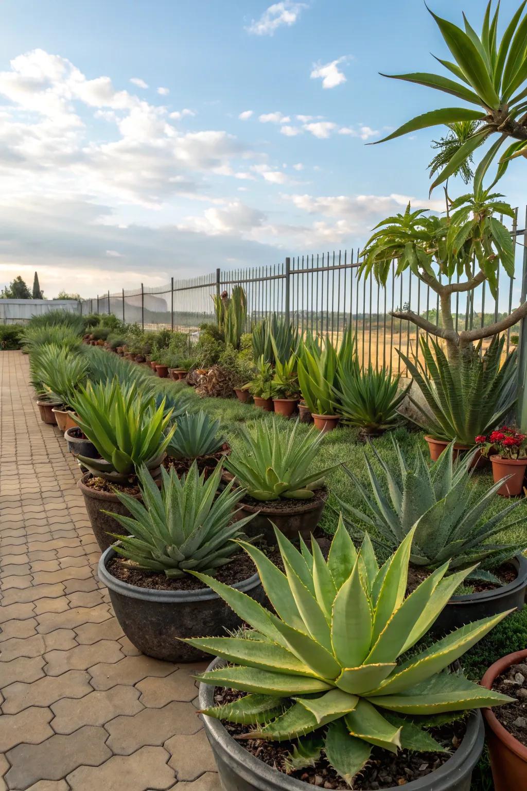 Tropical succulents like Agave and Aloe offer dramatic looks with minimal water needs.